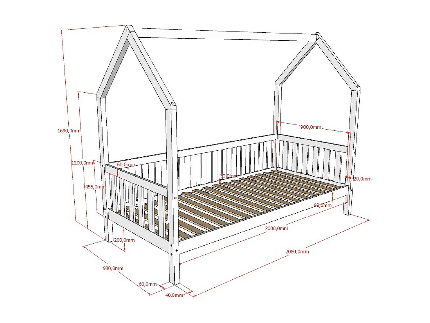Lit cabane 90x200 sommier inclus Dallas Bois