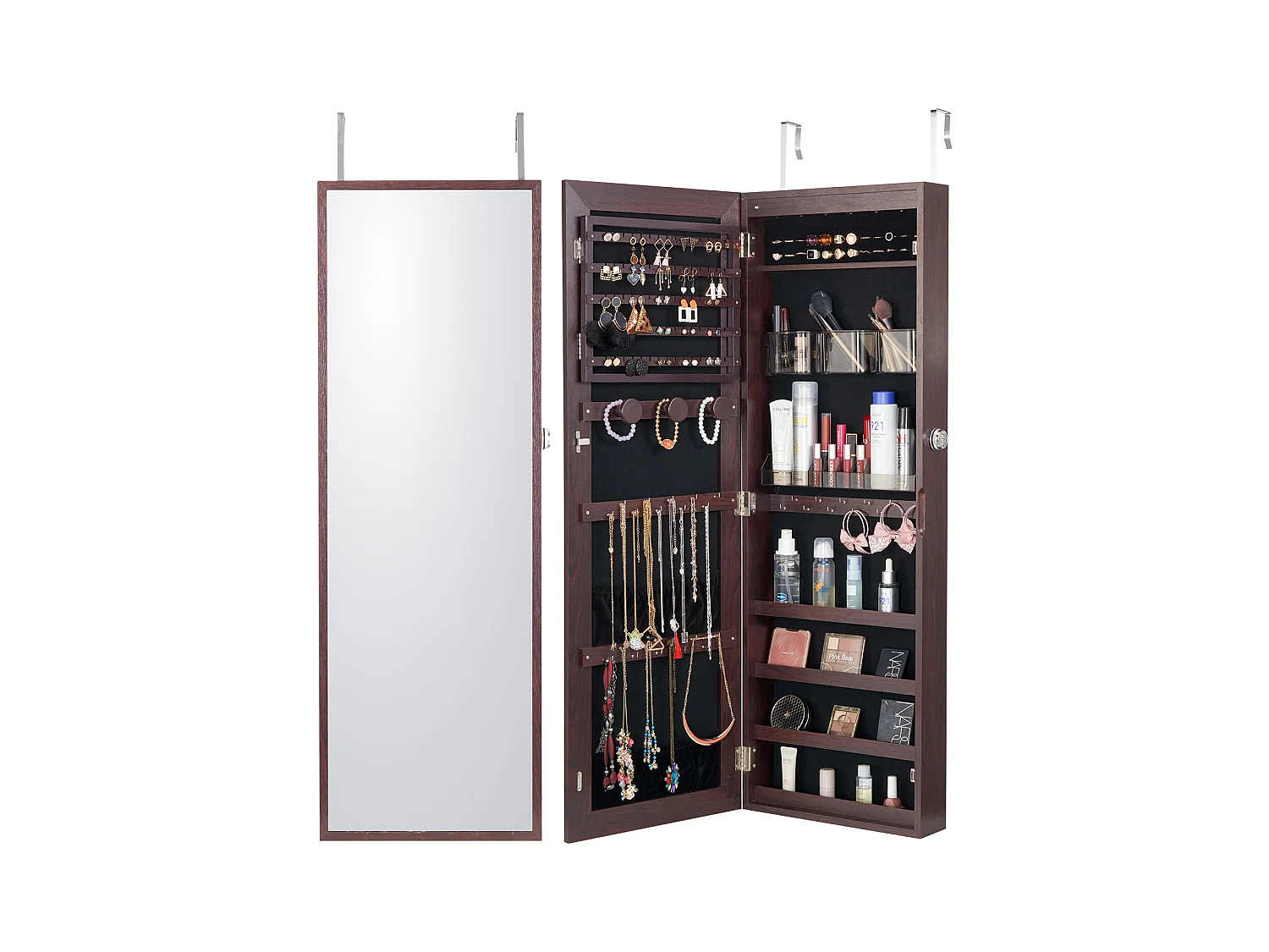 Armoire à Bijoux SucceBuy avec Miroir de 108cm Fixation Mural Porte Marron, Montage sur Mur/Porte, LED, Doublure en Velours, Brun, Organisateur