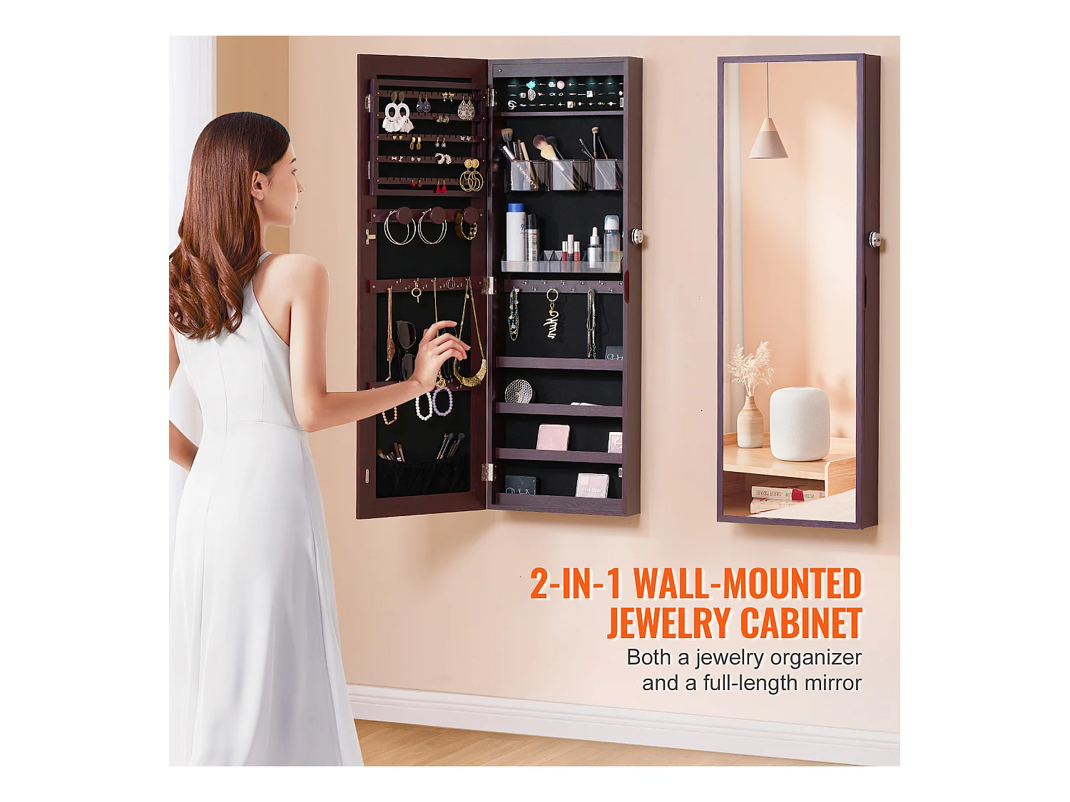 Armoire à Bijoux SucceBuy avec Miroir de 108cm Fixation Mural Porte Marron, Montage sur Mur/Porte, LED, Doublure en Velours, Brun, Organisateur