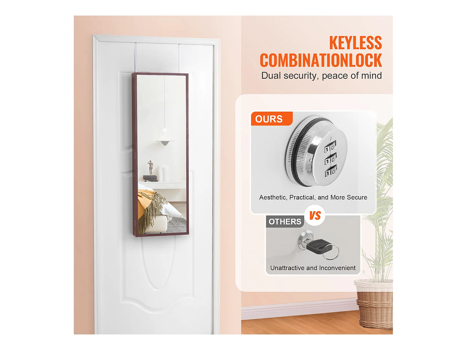 Armoire à Bijoux SucceBuy avec Miroir de 108cm Fixation Mural Porte Marron, Montage sur Mur/Porte, LED, Doublure en Velours, Brun, Organisateur