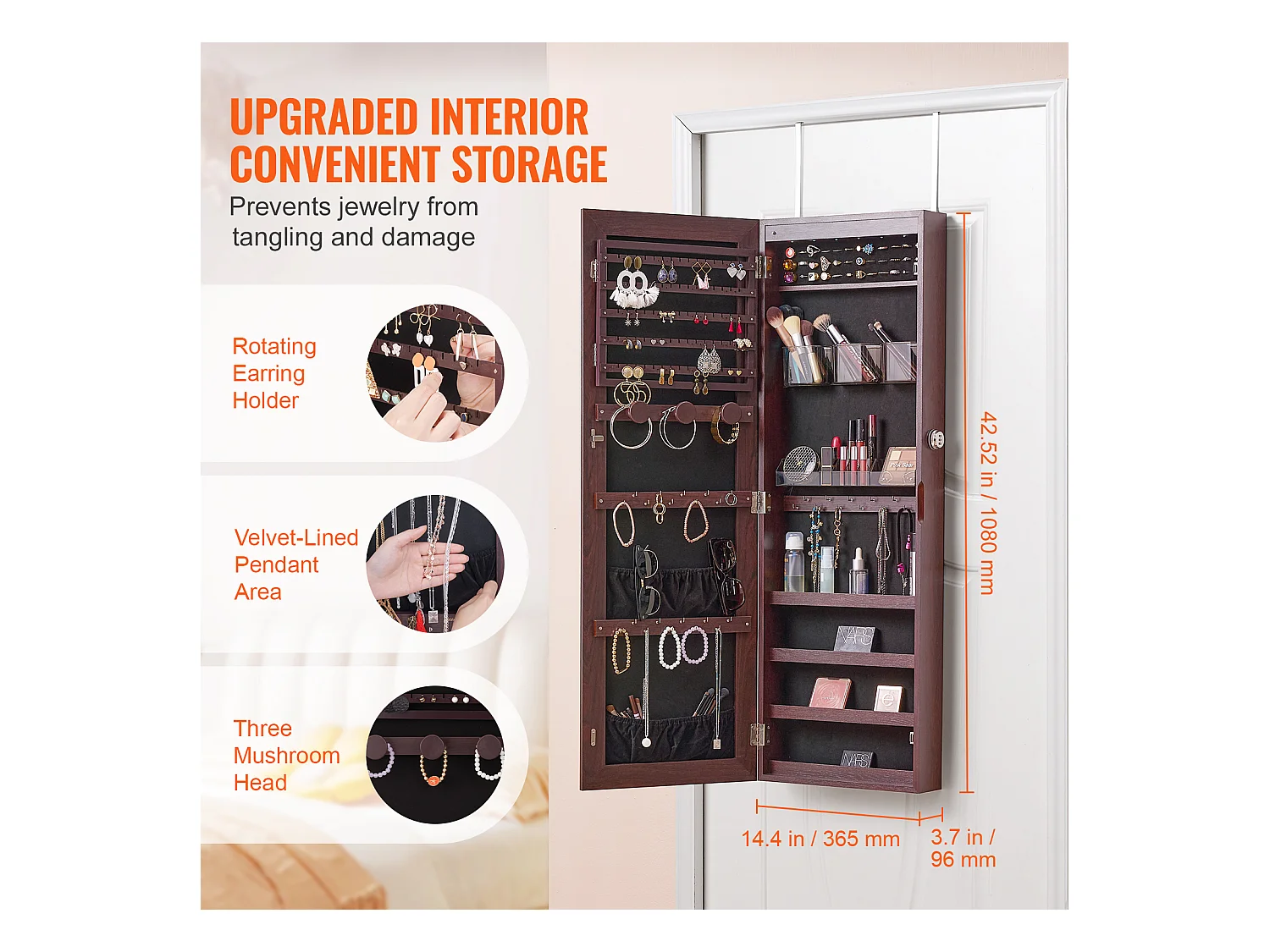 Armoire à Bijoux SucceBuy avec Miroir de 108cm Fixation Mural Porte Marron, Montage sur Mur/Porte, LED, Doublure en Velours, Brun, Organisateur