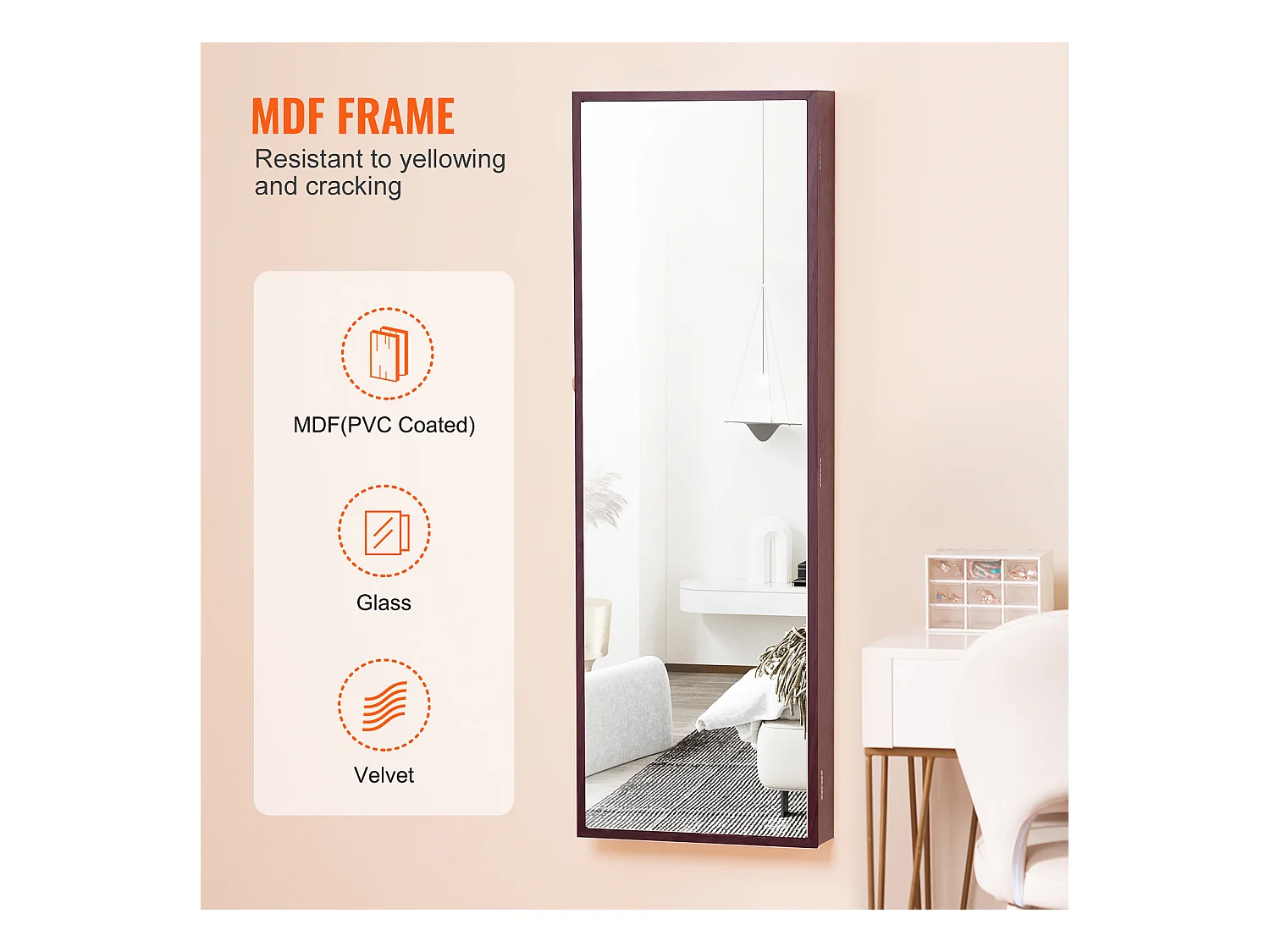 Armoire à Bijoux SucceBuy avec Miroir de 108cm Fixation Mural Porte Marron, Montage sur Mur/Porte, LED, Doublure en Velours, Brun, Organisateur