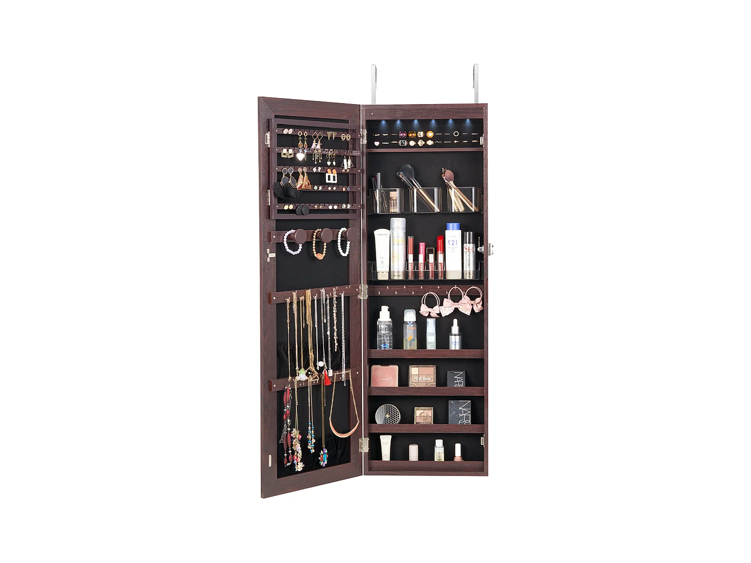 Armoire à Bijoux SucceBuy avec Miroir de 108cm Fixation Mural Porte Marron, Montage sur Mur/Porte, LED, Doublure en Velours, Brun, Organisateur