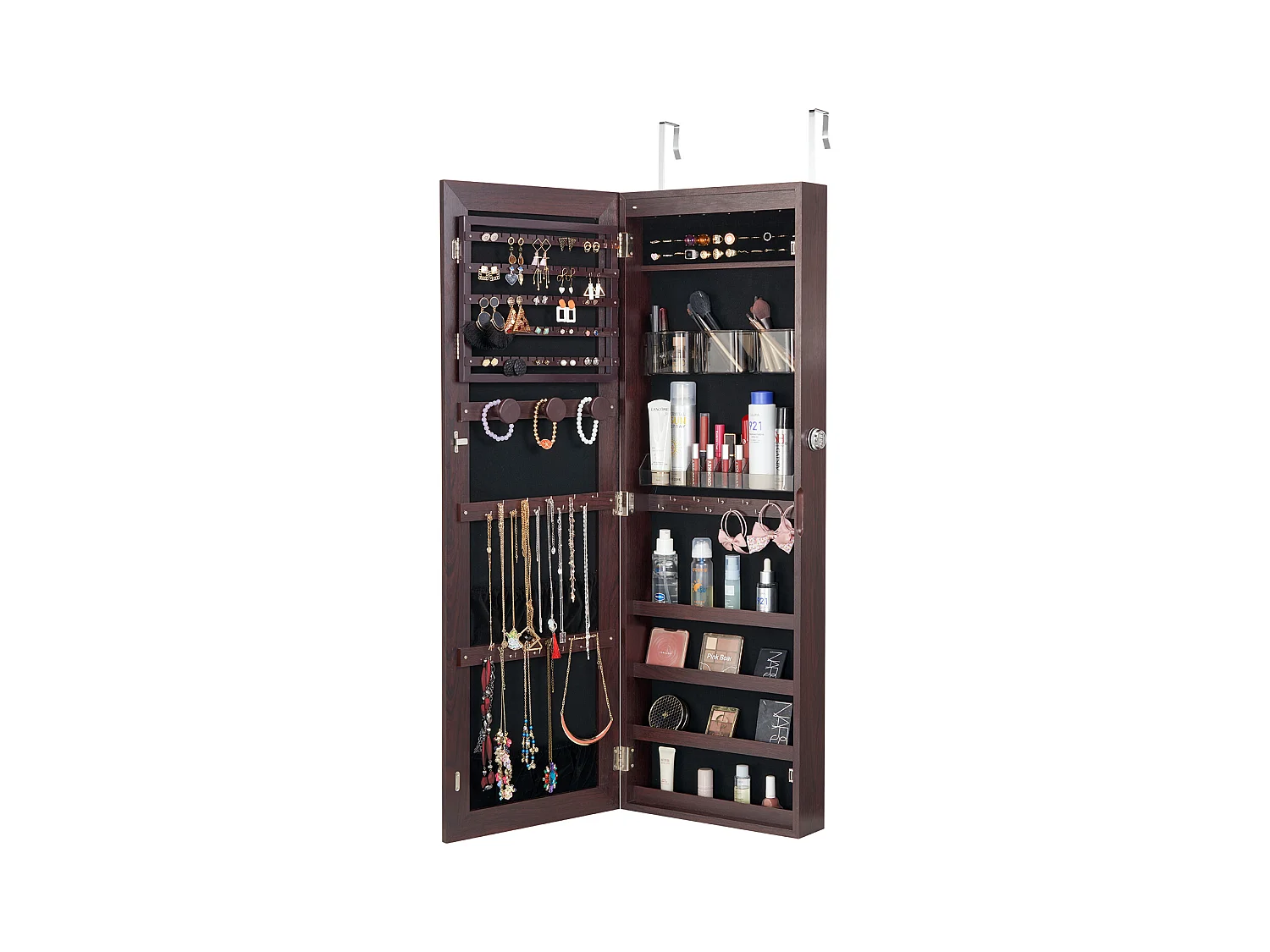Armoire à Bijoux SucceBuy avec Miroir de 108cm Fixation Mural Porte Marron, Montage sur Mur/Porte, LED, Doublure en Velours, Brun, Organisateur