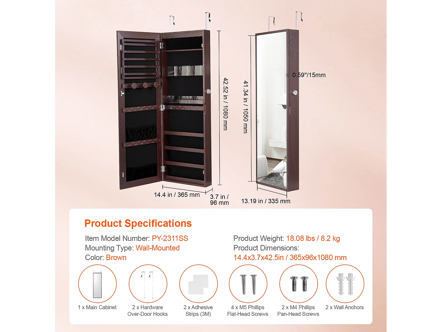 Sieradenkast SucceBuy met Spiegel van 108cm Wandbevestiging Deur Bruin, Montage op Muur/Deur, LED, Voering in Fluweel, Bruin, Organisator