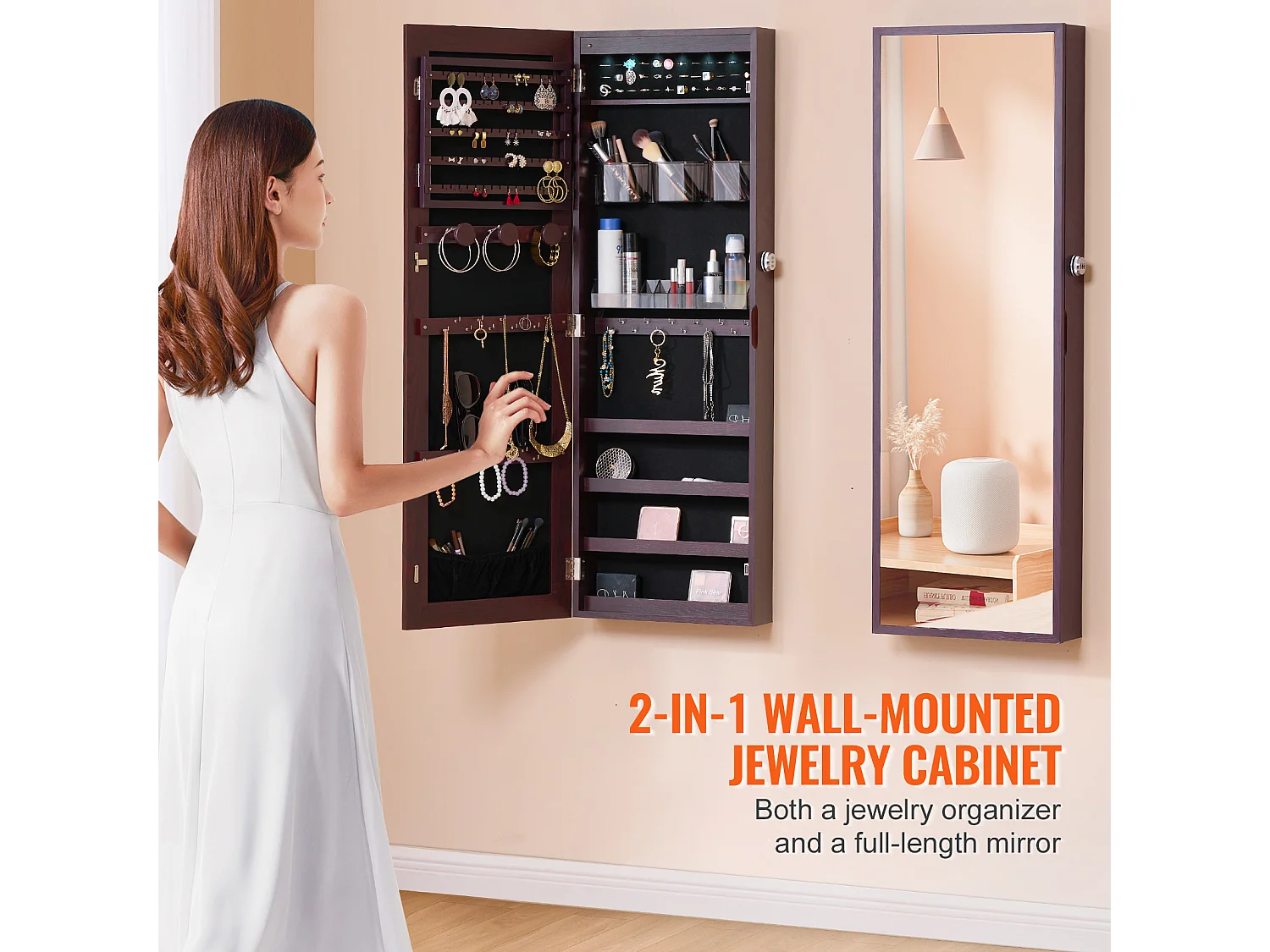 Sieradenkast SucceBuy met Spiegel van 108cm Wandbevestiging Deur Bruin, Montage op Muur/Deur, LED, Voering in Fluweel, Bruin, Organisator