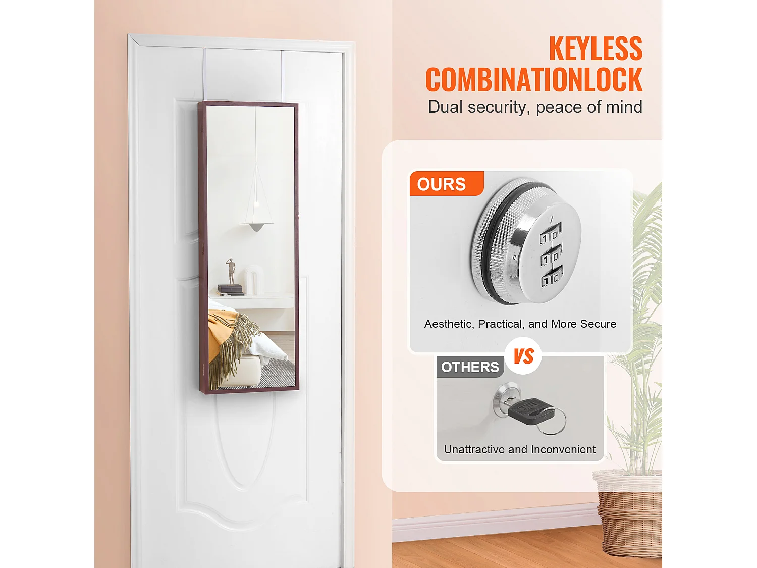 Sieradenkast SucceBuy met Spiegel van 108cm Wandbevestiging Deur Bruin, Montage op Muur/Deur, LED, Voering in Fluweel, Bruin, Organisator