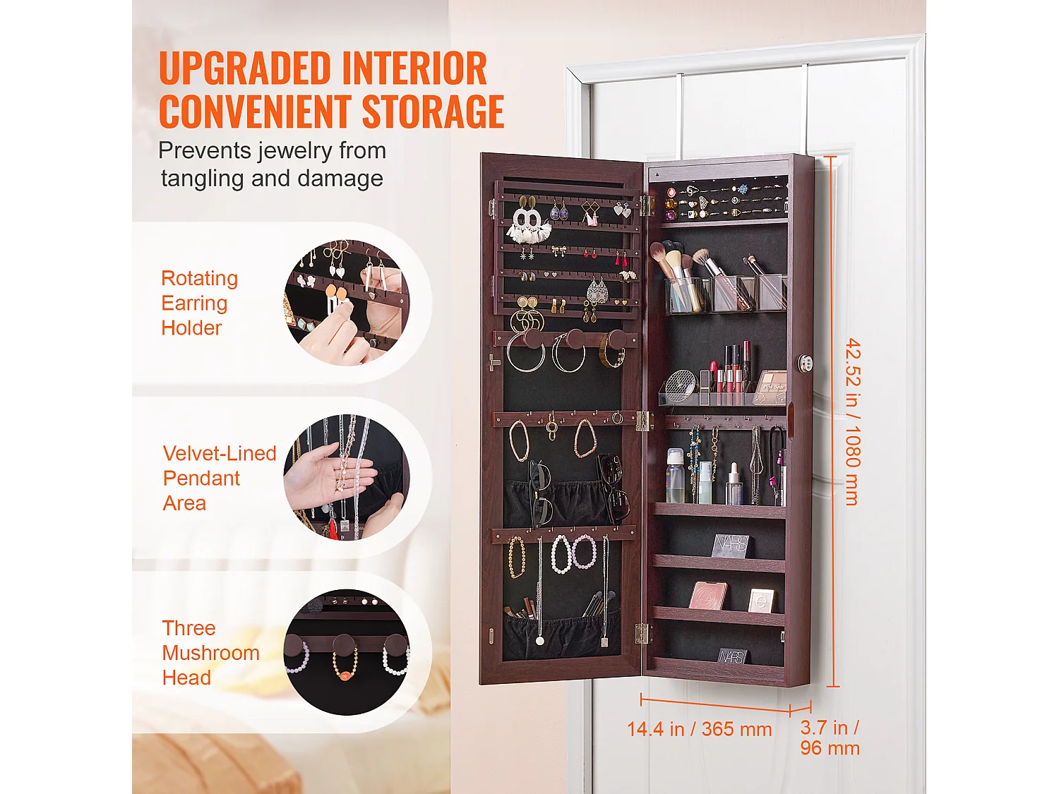 Sieradenkast SucceBuy met Spiegel van 108cm Wandbevestiging Deur Bruin, Montage op Muur/Deur, LED, Voering in Fluweel, Bruin, Organisator