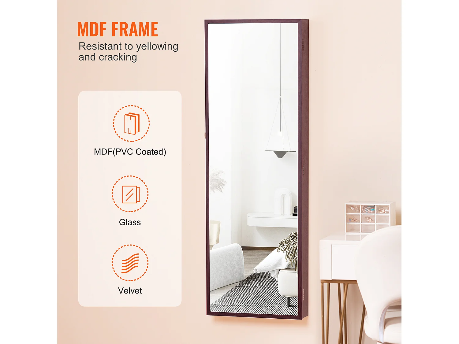 Sieradenkast SucceBuy met Spiegel van 108cm Wandbevestiging Deur Bruin, Montage op Muur/Deur, LED, Voering in Fluweel, Bruin, Organisator