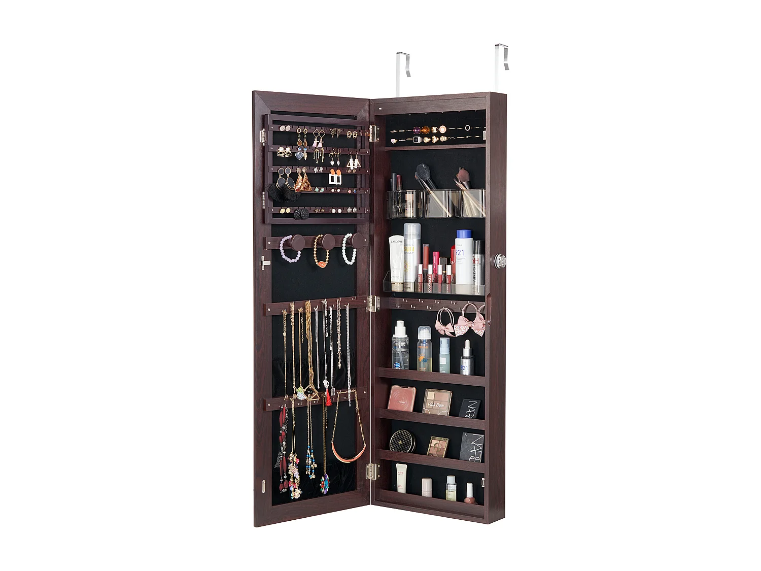 Sieradenkast SucceBuy met Spiegel van 108cm Wandbevestiging Deur Bruin, Montage op Muur/Deur, LED, Voering in Fluweel, Bruin, Organisator