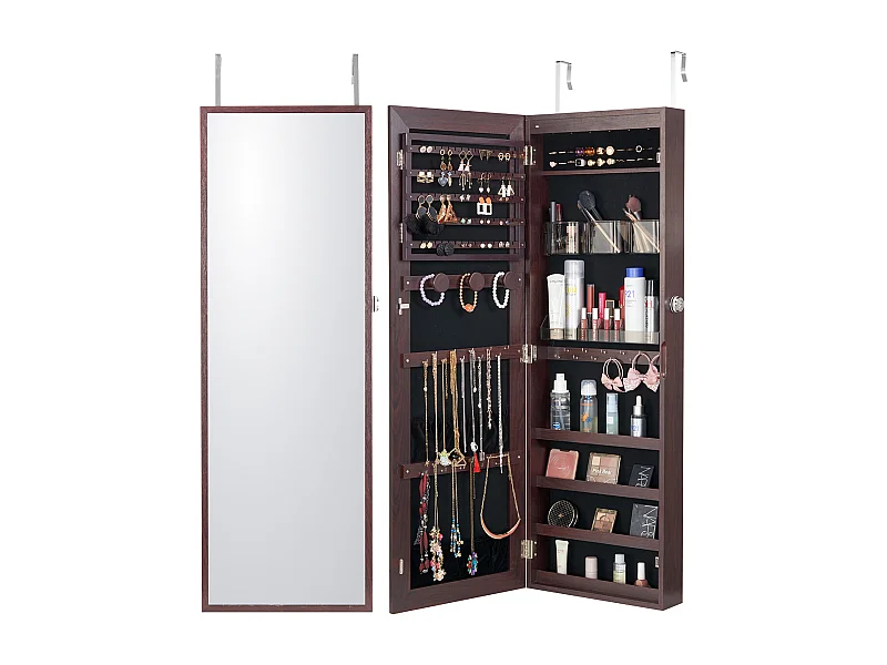 Armoire à Bijoux SucceBuy avec Miroir de 108cm Fixation Mural Porte Marron, Montage sur Mur/Porte, LED, Doublure en Velours, Brun, Organisateur