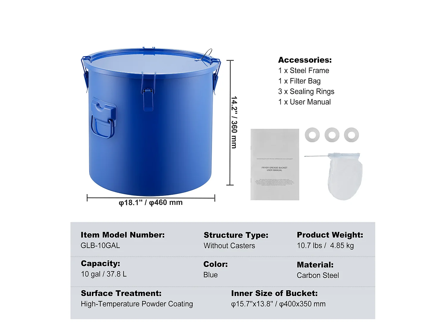 Seau à Graisse SucceBuy pour Friteuse,  37 L, Bac à Huile avec Sac Filtrant, Bleu, Acier au Carbone avec Revêtement Antirouille