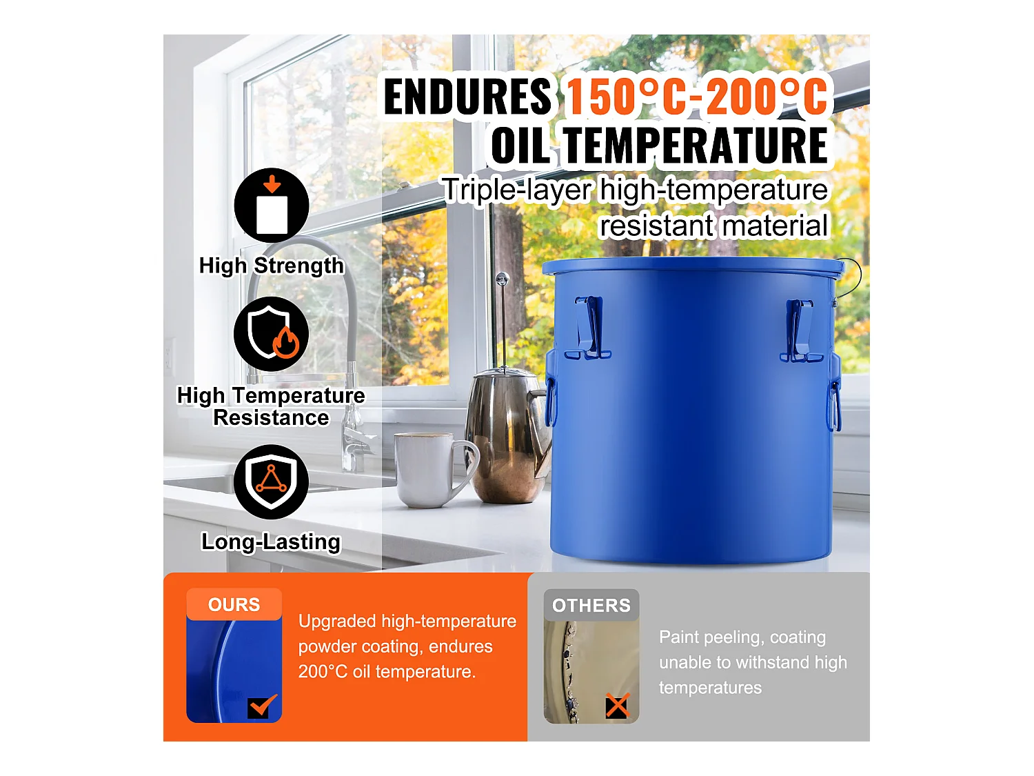 Seau à Graisse SucceBuy pour Friteuse,  37 L, Bac à Huile avec Sac Filtrant, Bleu, Acier au Carbone avec Revêtement Antirouille