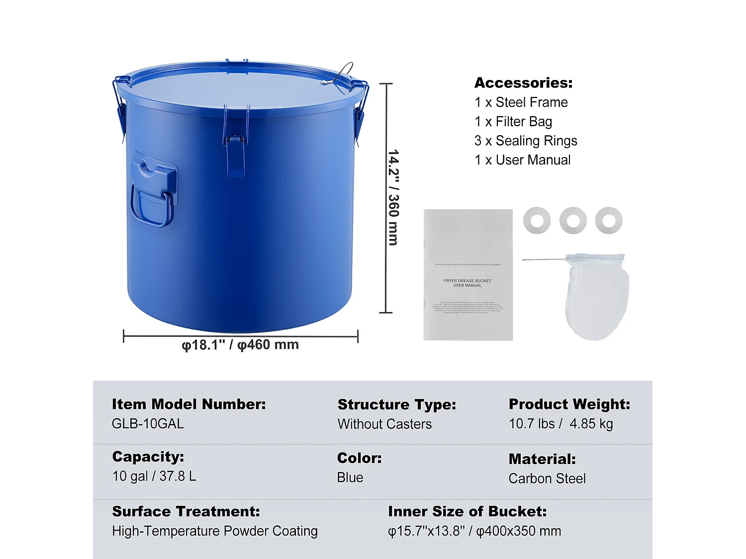 Seau à Graisse SucceBuy pour Friteuse,  37 L, Bac à Huile avec Sac Filtrant, Bleu, Acier au Carbone avec Revêtement Antirouille