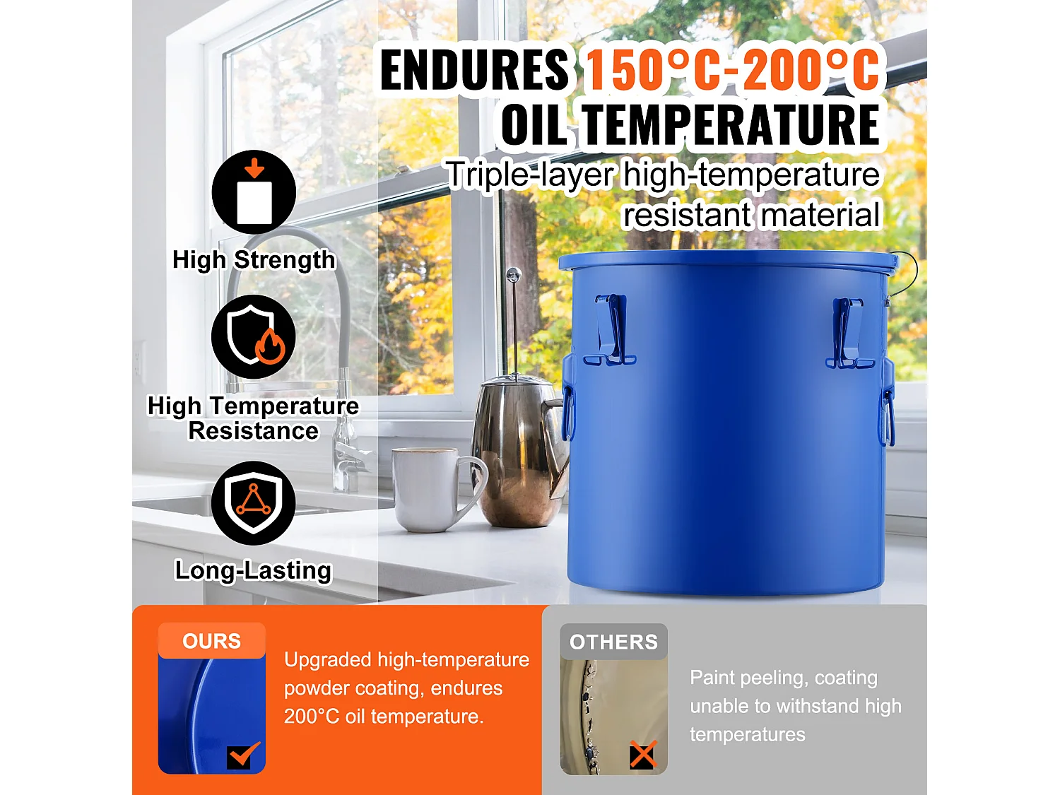 Seau à Graisse SucceBuy pour Friteuse,  37 L, Bac à Huile avec Sac Filtrant, Bleu, Acier au Carbone avec Revêtement Antirouille