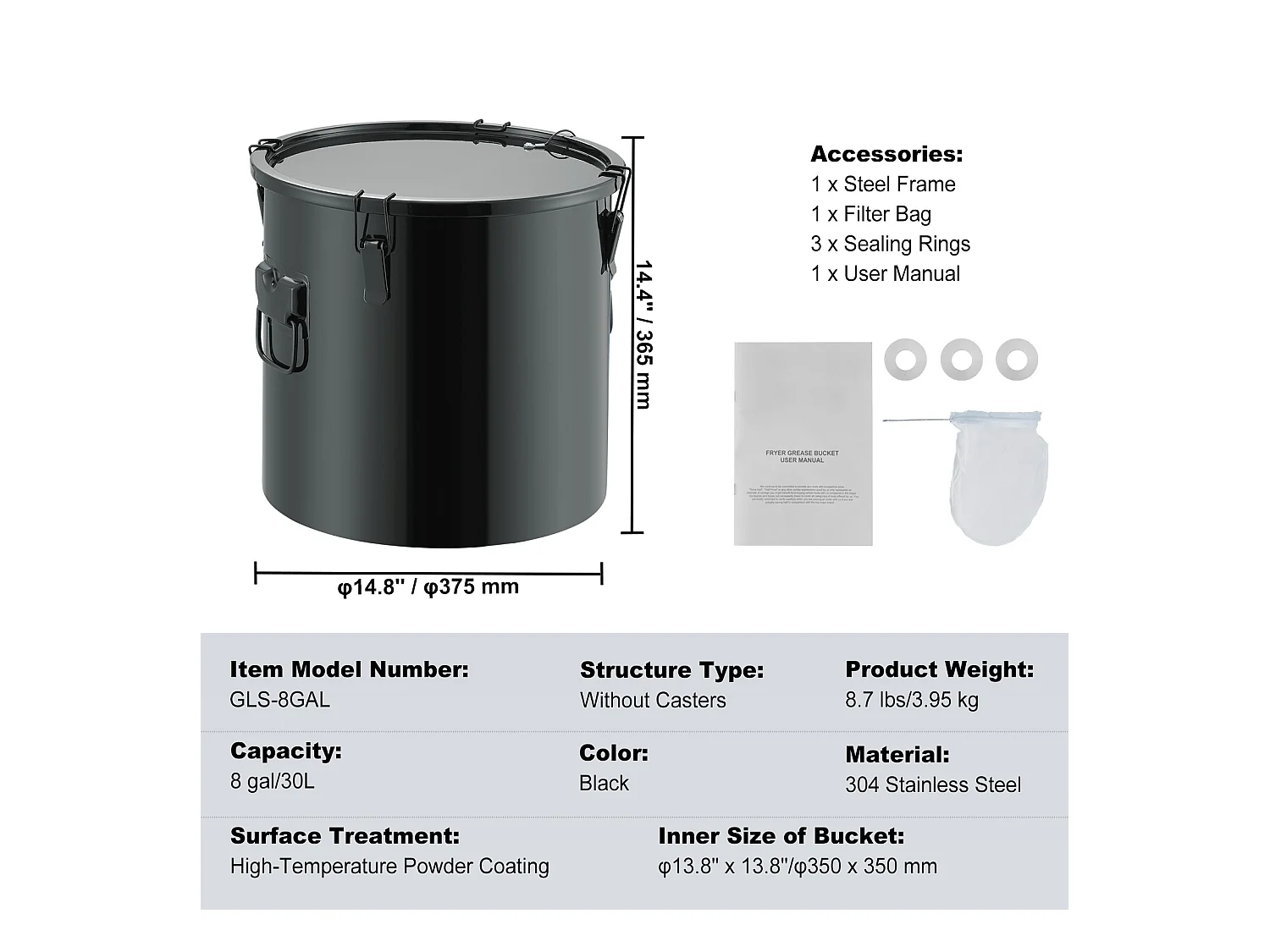 Seau à Graisse SucceBuy pour Friteuse,  30 L, Panier D'élimination de L'huile avec Sac Filtrant, Noir, Acier au Carbone avec Revêtement Antirouille
