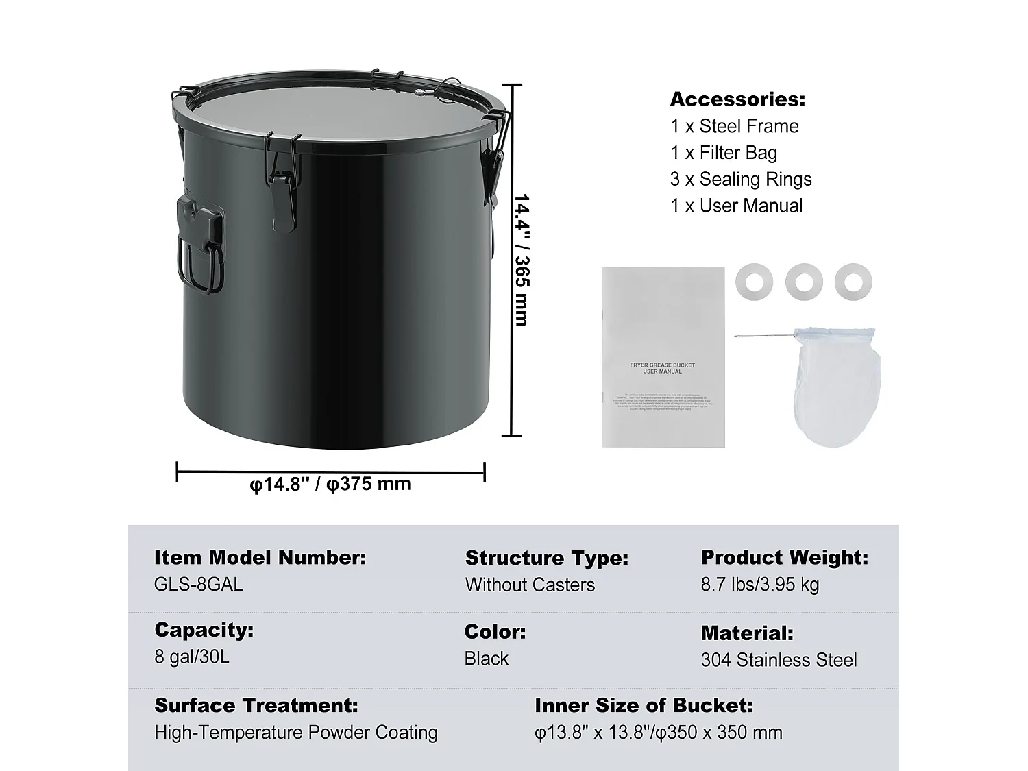 Seau à Graisse SucceBuy pour Friteuse,  30 L, Panier D'élimination de L'huile avec Sac Filtrant, Noir, Acier au Carbone avec Revêtement Antirouille