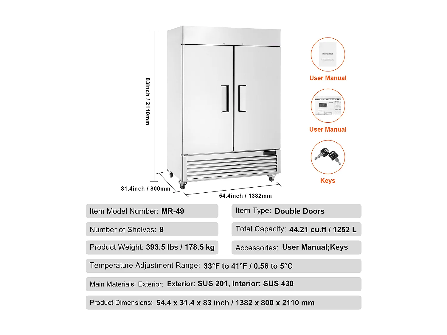 Congélateur Commercial SucceBuy de 1100 L, Vertical, 2 Portes