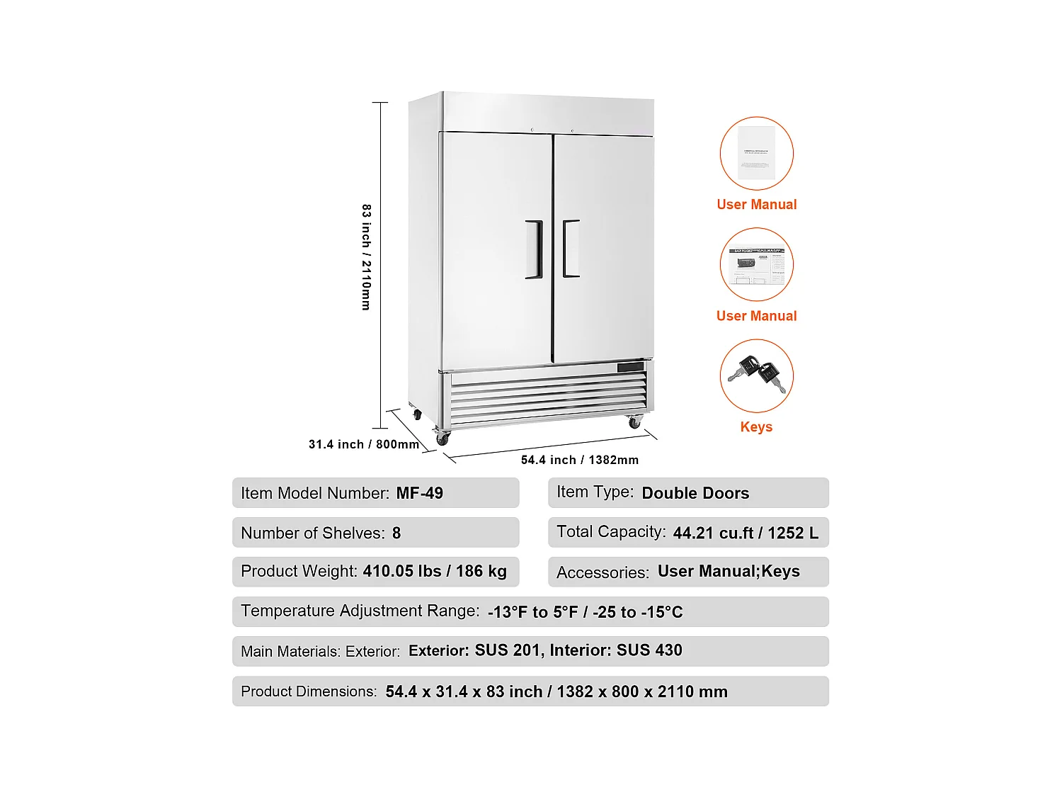Congelador Comercial SucceBuy 1 100 L Armário Vertical 2 Portas 6 Prateleiras