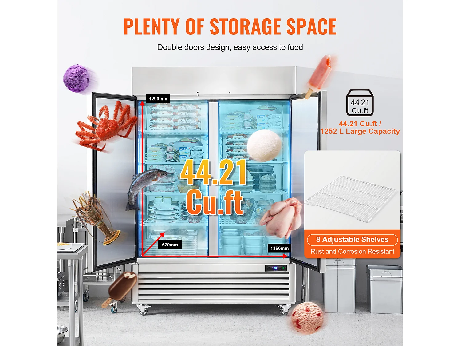 Congélateur Commercial SucceBuy 1100 L, Armoire Verticale, 2 Portes, 6 Tablettes