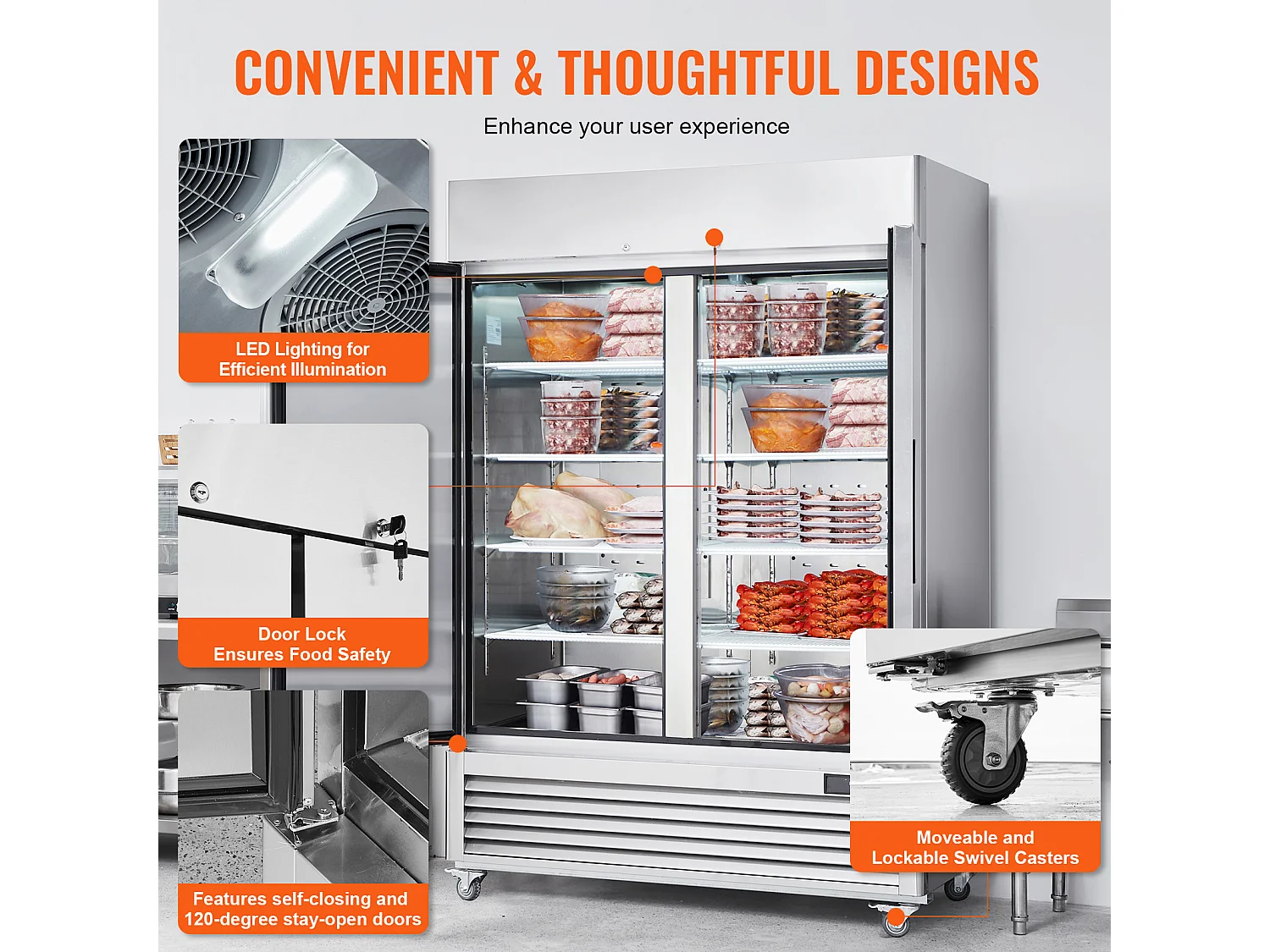 Congélateur Commercial SucceBuy 1100 L, Armoire Verticale, 2 Portes, 6 Tablettes