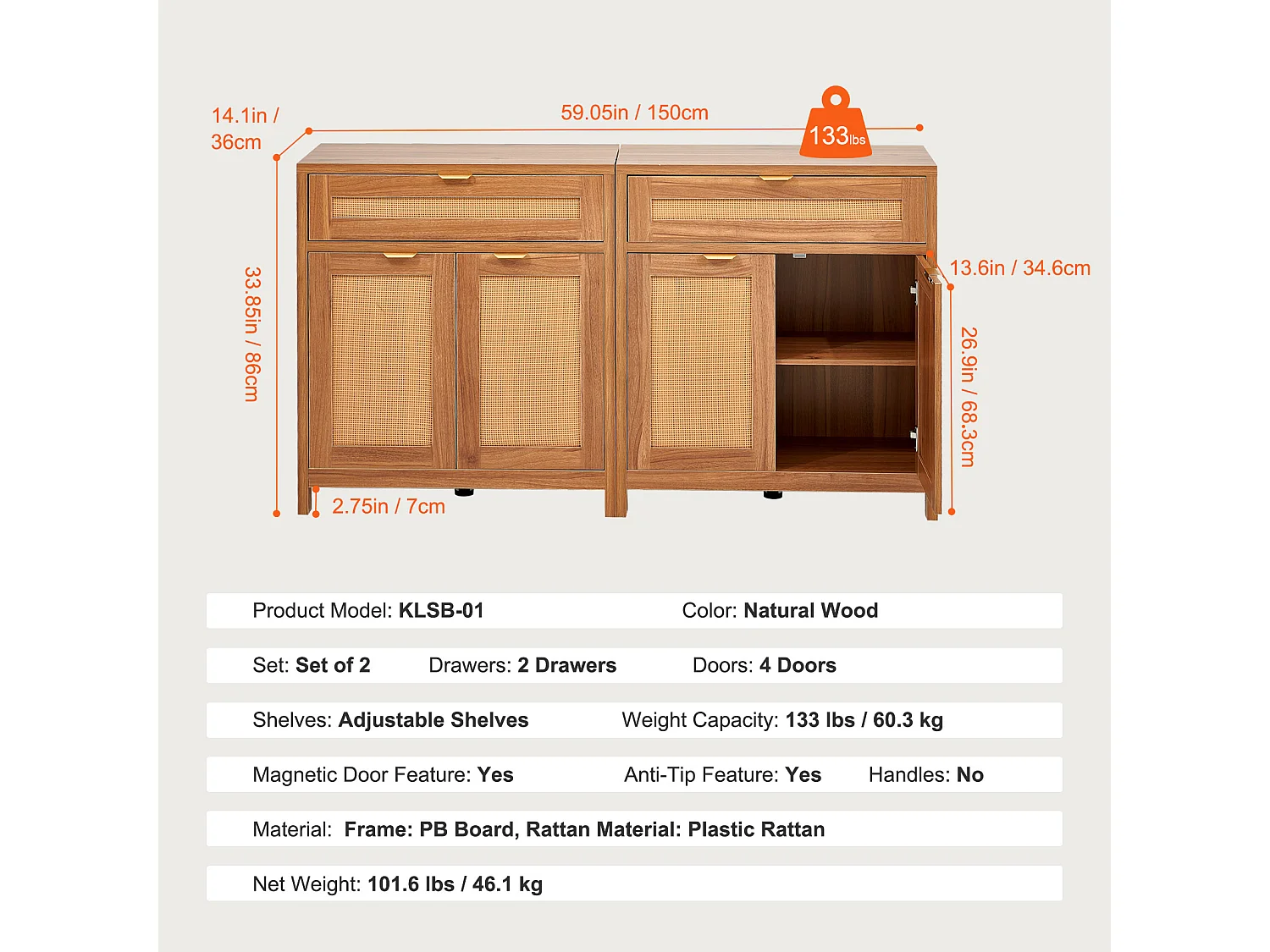 Armoire SucceBuy Ensemble de 2 Armoires en Rotin, Étages Réglables pour un Rangement Spacieux, Idéal pour les Couloirs, les Entrées
