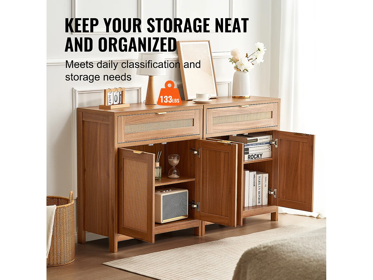 Armoire SucceBuy Ensemble de 2 Armoires en Rotin, Étages Réglables pour un Rangement Spacieux, Idéal pour les Couloirs, les Entrées