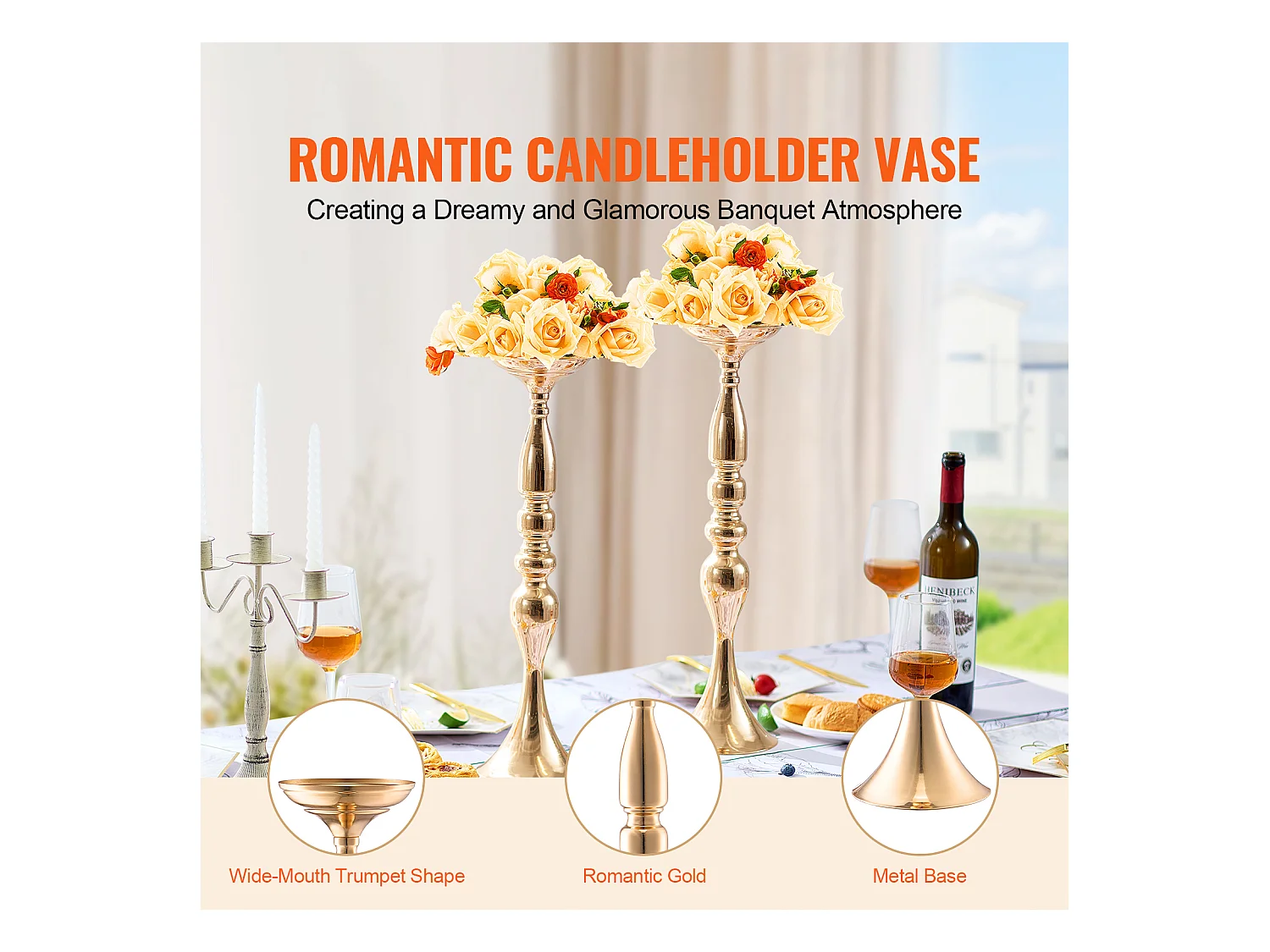 Vase SucceBuy Vase 24 Pièces 50 cm, Centre de Table en Métal, Doré, Floral, Fête de Mariage, Métal/Or