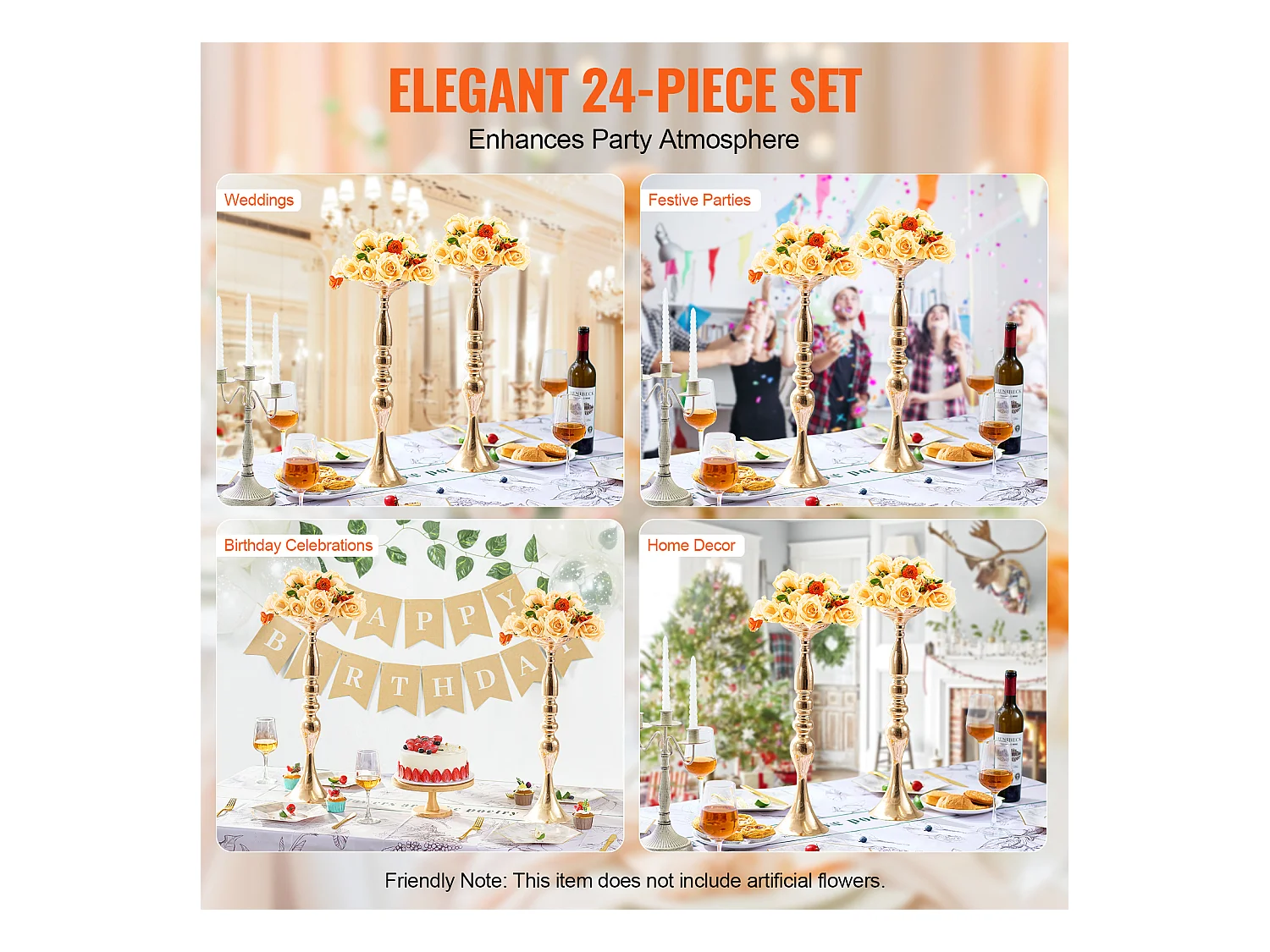 Vase SucceBuy Vase 24 Pièces 50 cm, Centre de Table en Métal, Doré, Floral, Fête de Mariage, Métal/Or