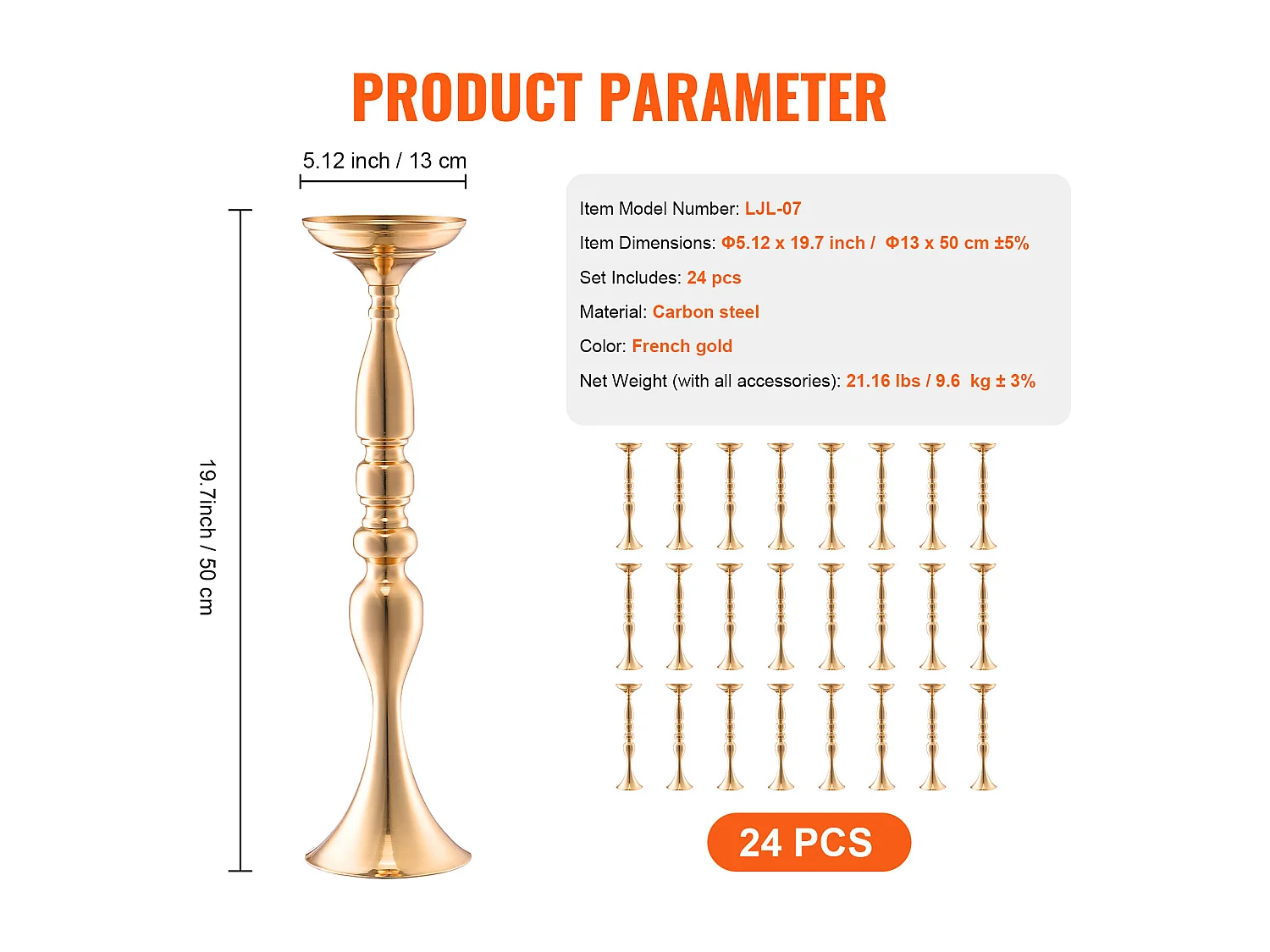 Vase SucceBuy Vase 24 Pièces 50 cm, Centre de Table en Métal, Doré, Floral, Fête de Mariage, Métal/Or