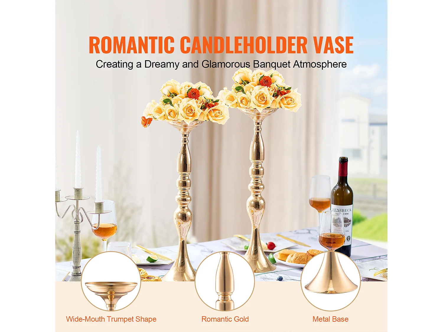 Vase SucceBuy Vase 24 Pièces 50 cm, Centre de Table en Métal, Doré, Floral, Fête de Mariage, Métal/Or