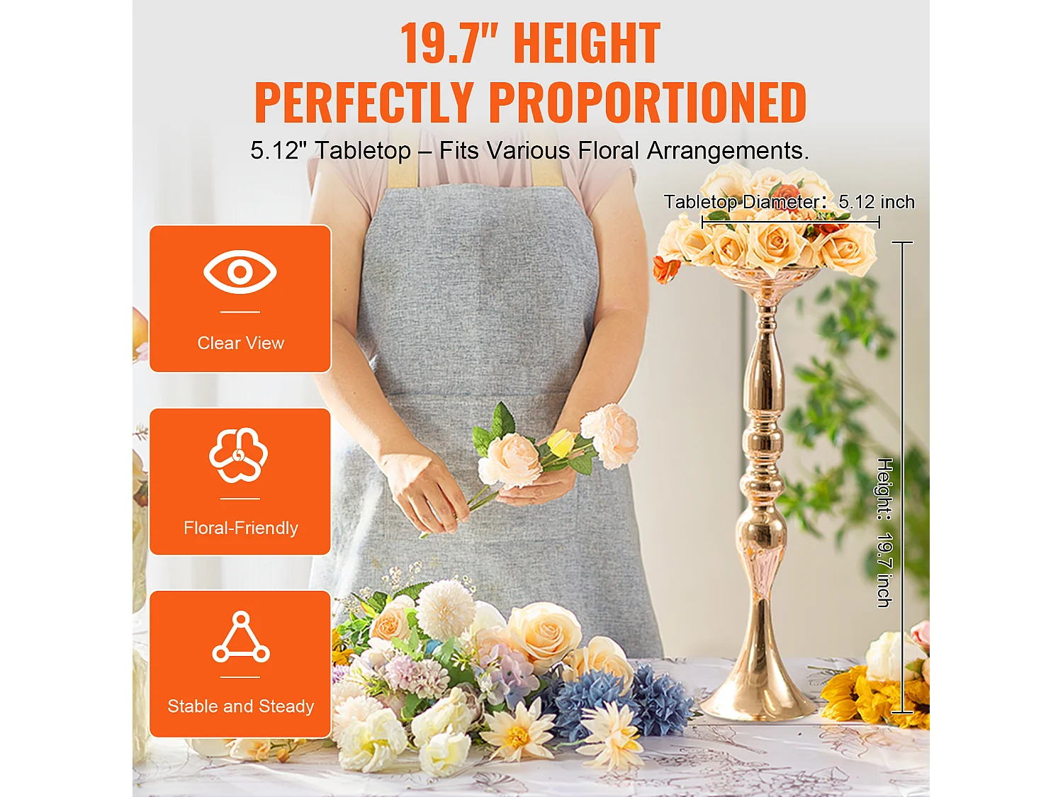 Vase SucceBuy Vase 24 Pièces 50 cm, Centre de Table en Métal, Doré, Floral, Fête de Mariage, Métal/Or