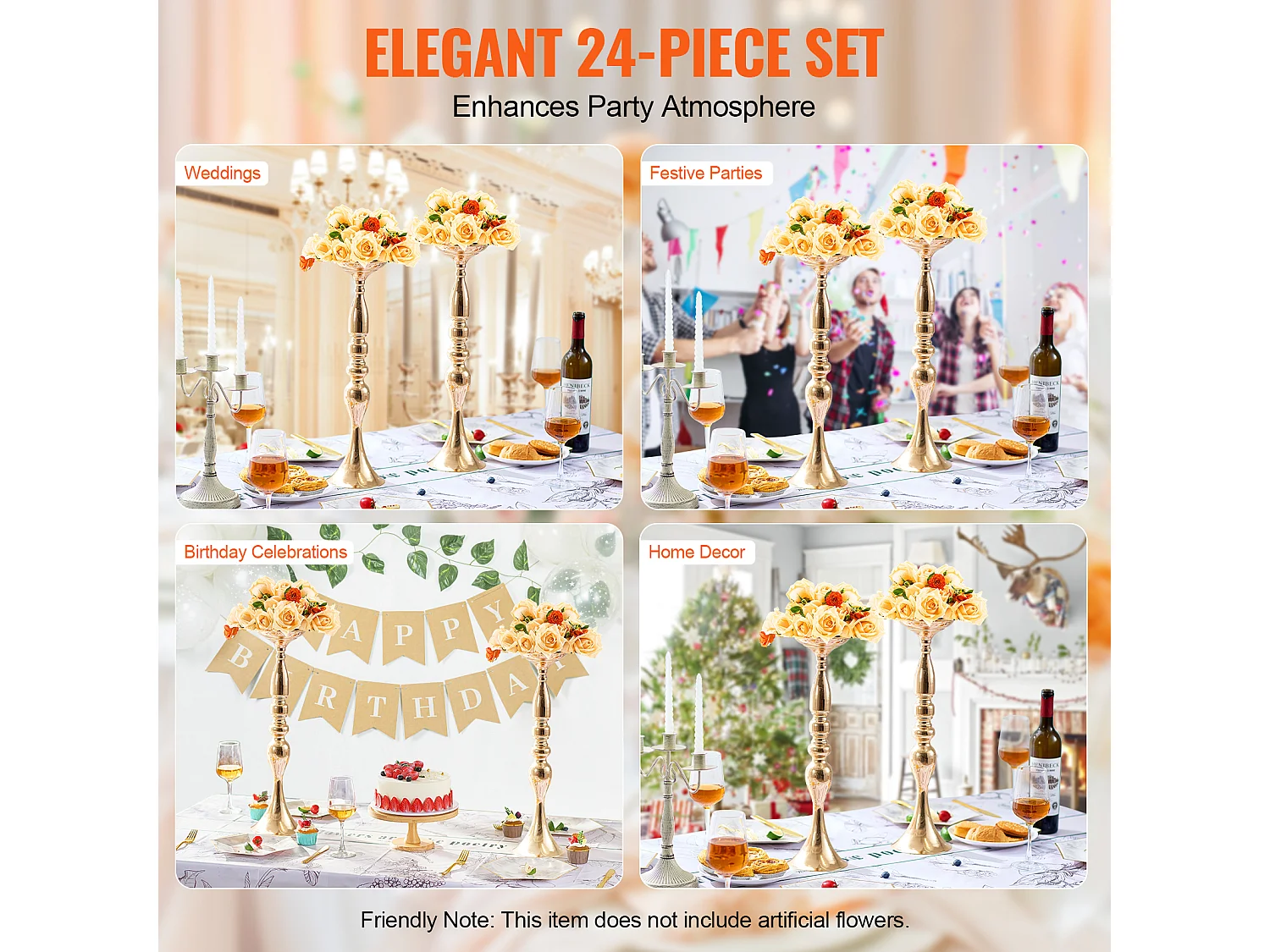 Vase SucceBuy Vase 24 Pièces 50 cm, Centre de Table en Métal, Doré, Floral, Fête de Mariage, Métal/Or