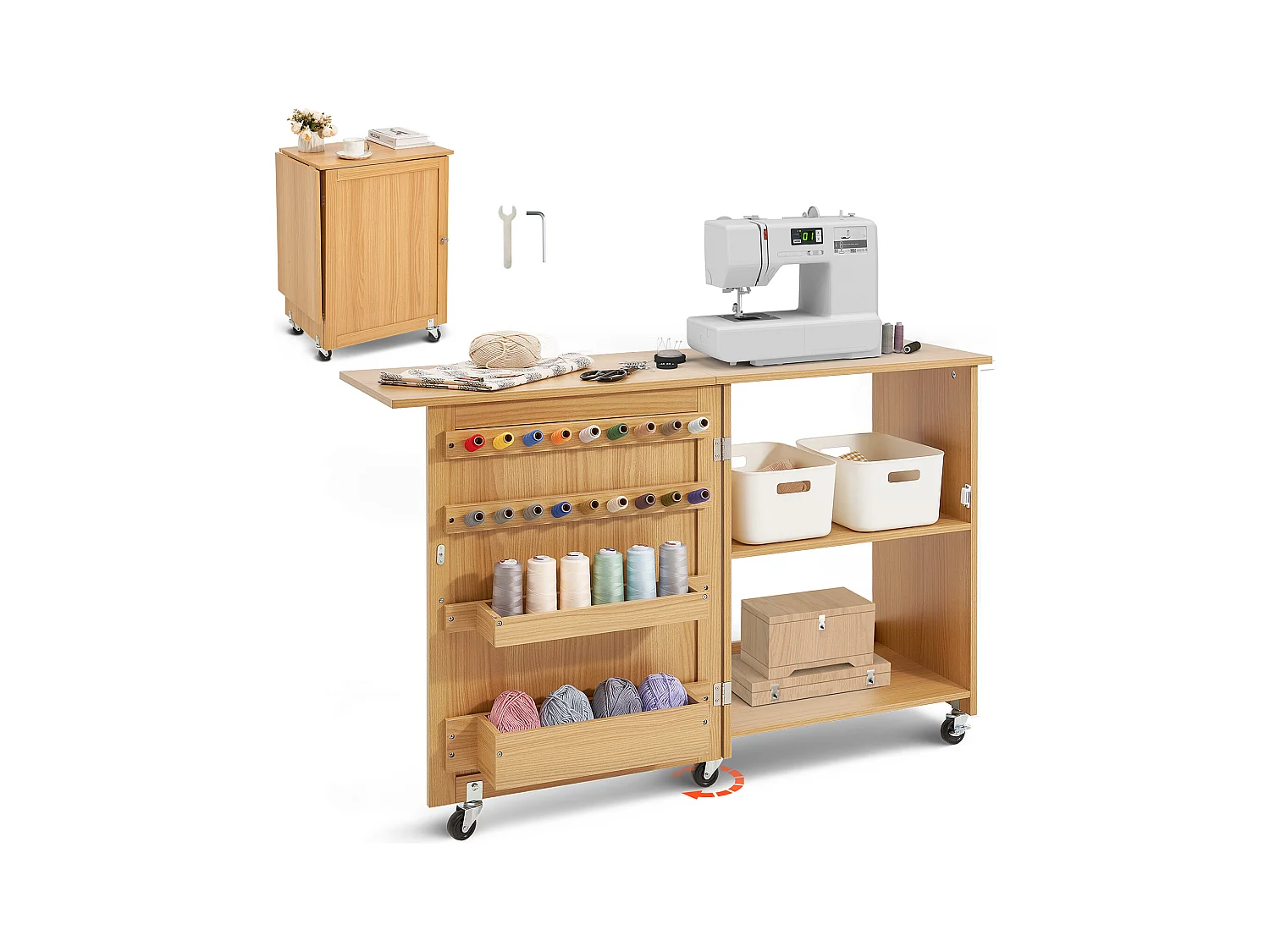 Table de Couture SucceBuy Pliante avec Roulettes Verrouillables Étagères Plateaux et Porte Couleur Bois, Armoire de Bureau de Couture pour Machine
