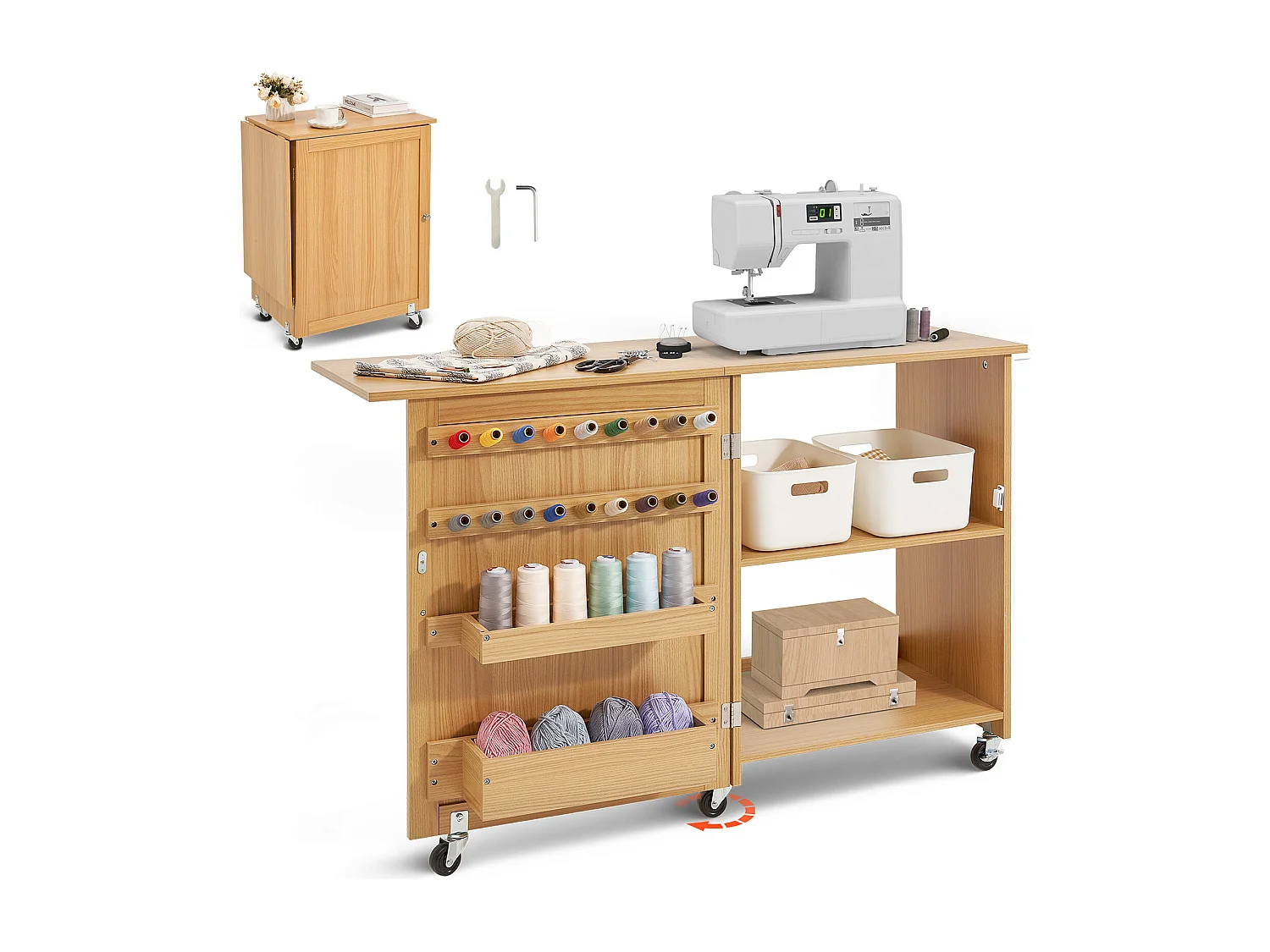 Table de Couture SucceBuy Pliante avec Roulettes Verrouillables Étagères Plateaux et Porte Couleur Bois, Armoire de Bureau de Couture pour Machine