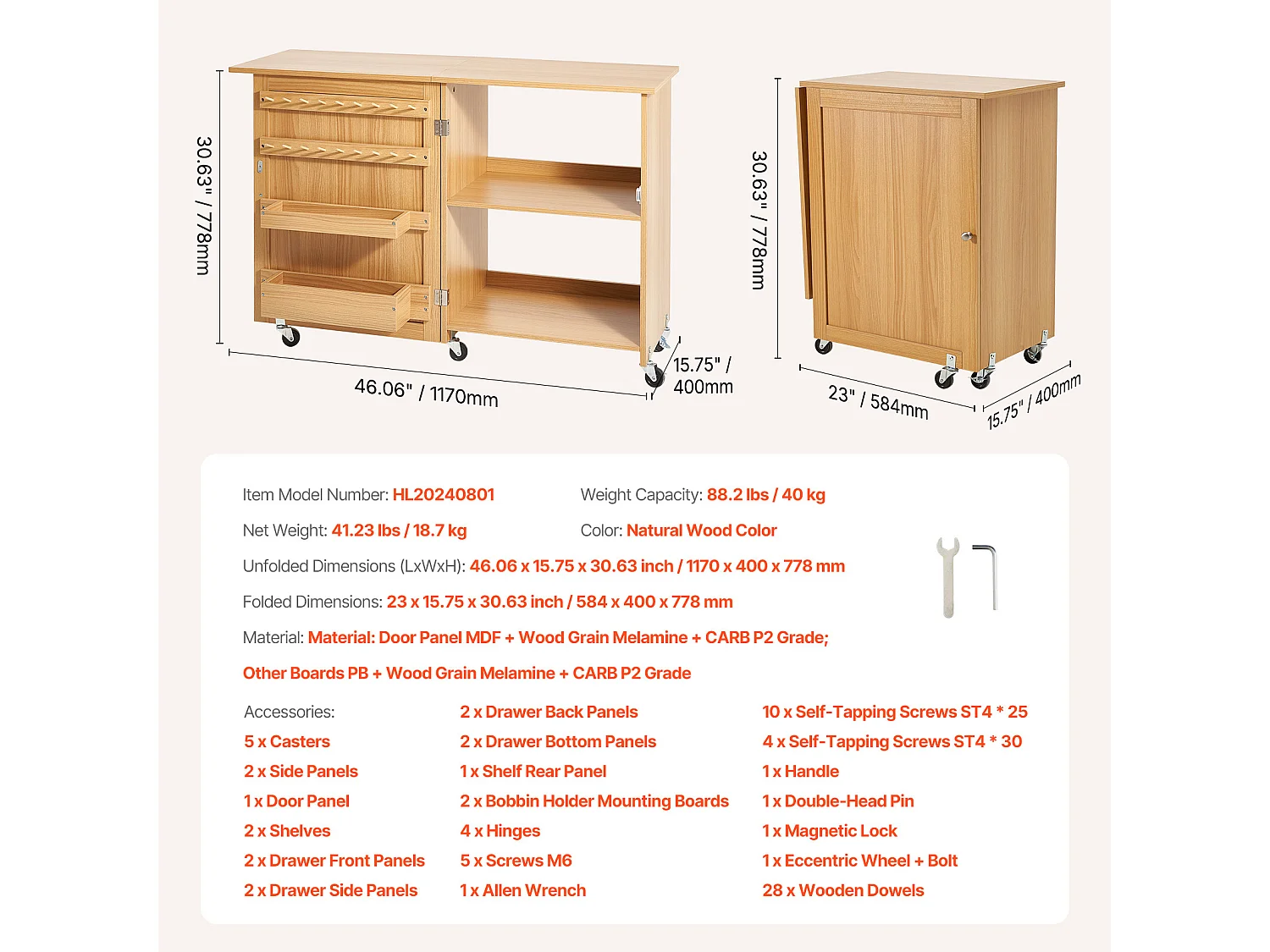 Table de Couture SucceBuy Pliante avec Roulettes Verrouillables Étagères Plateaux et Porte Couleur Bois, Armoire de Bureau de Couture pour Machine
