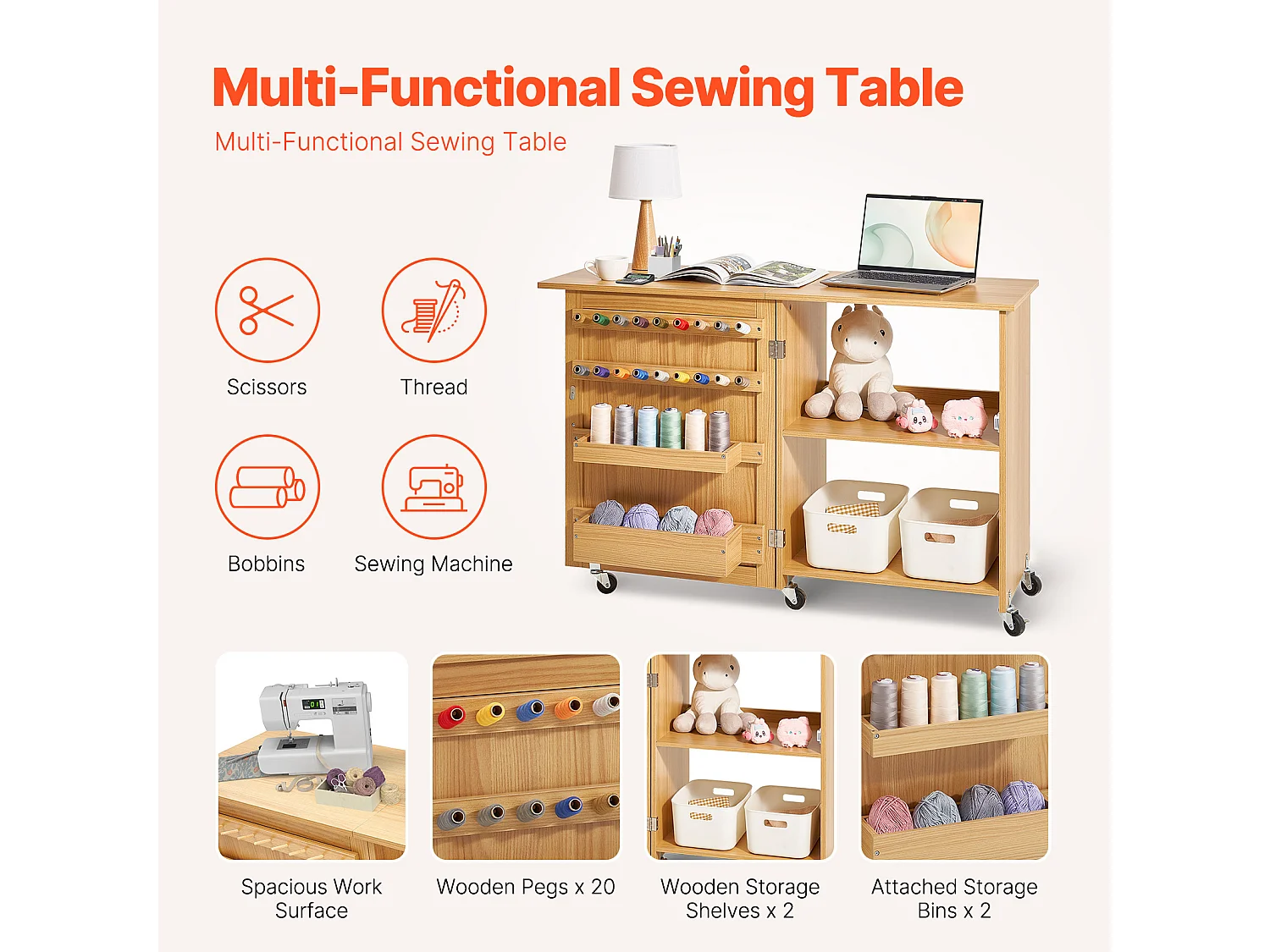 Table de Couture SucceBuy Pliante avec Roulettes Verrouillables Étagères Plateaux et Porte Couleur Bois, Armoire de Bureau de Couture pour Machine