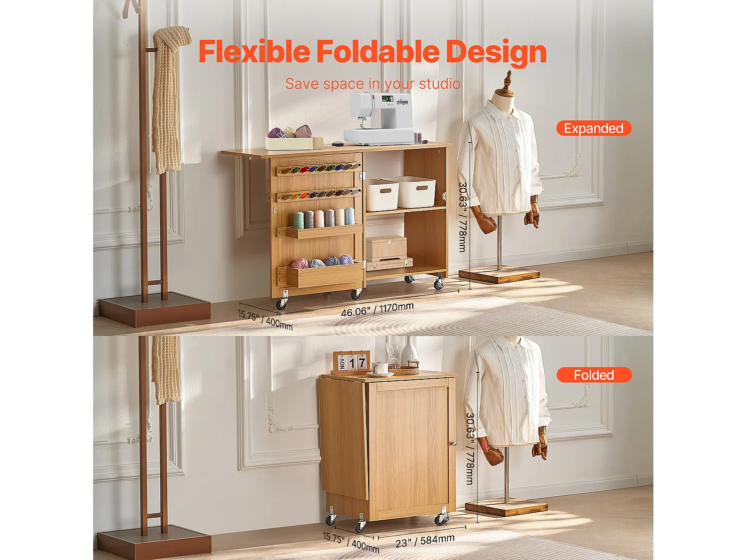 Table de Couture SucceBuy Pliante avec Roulettes Verrouillables Étagères Plateaux et Porte Couleur Bois, Armoire de Bureau de Couture pour Machine