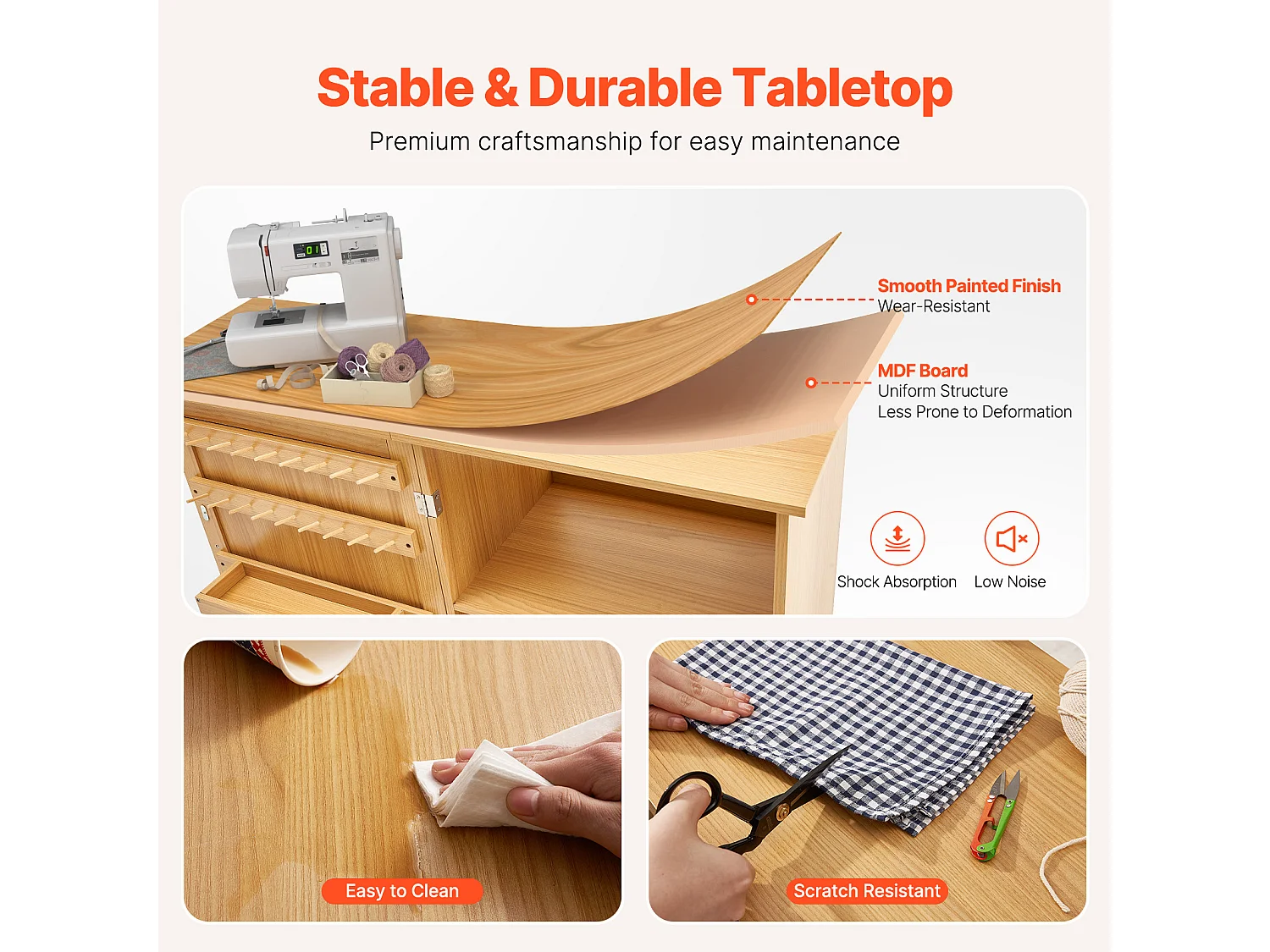 Table de Couture SucceBuy Pliante avec Roulettes Verrouillables Étagères Plateaux et Porte Couleur Bois, Armoire de Bureau de Couture pour Machine