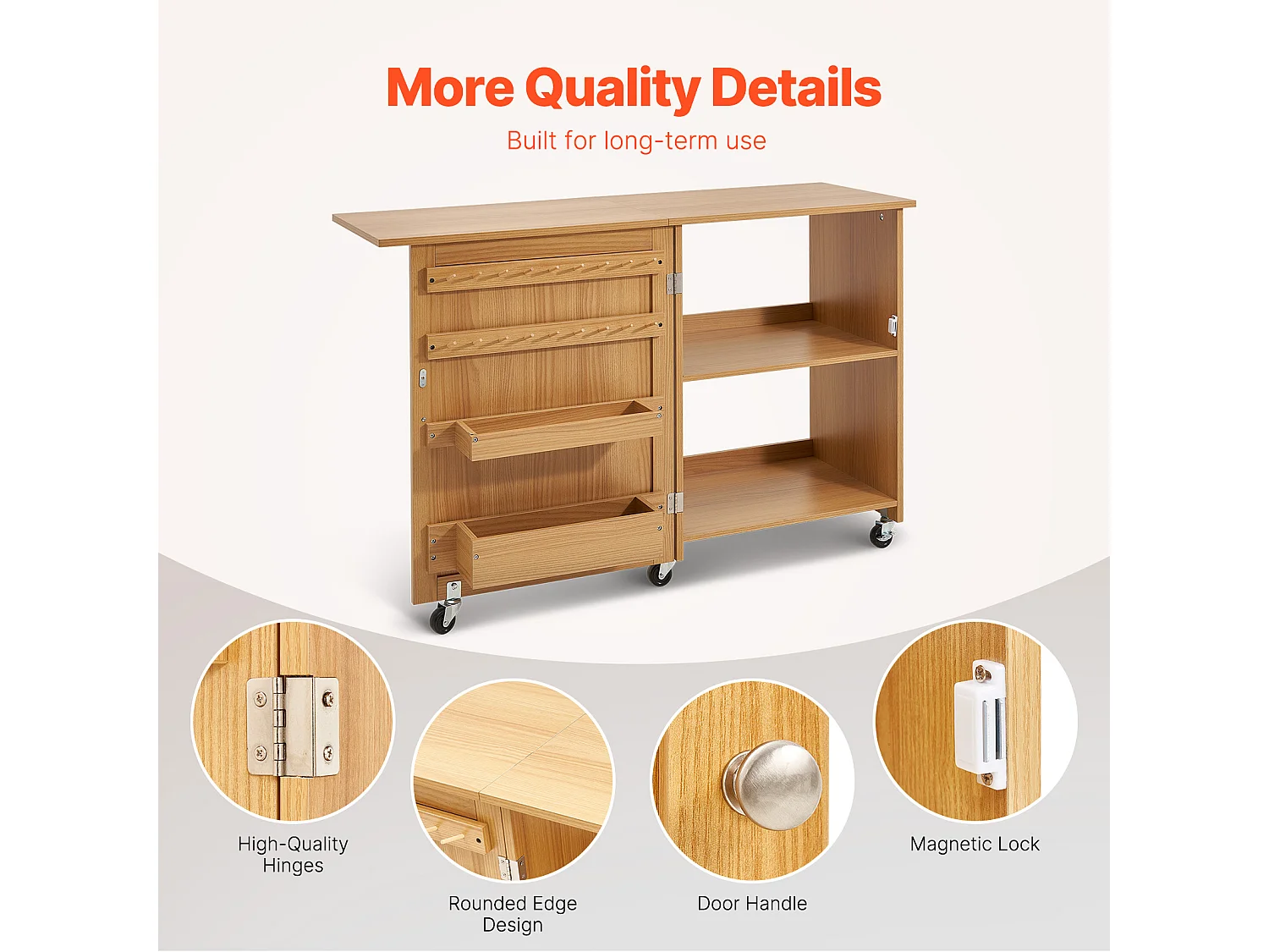 Table de Couture SucceBuy Pliante avec Roulettes Verrouillables Étagères Plateaux et Porte Couleur Bois, Armoire de Bureau de Couture pour Machine