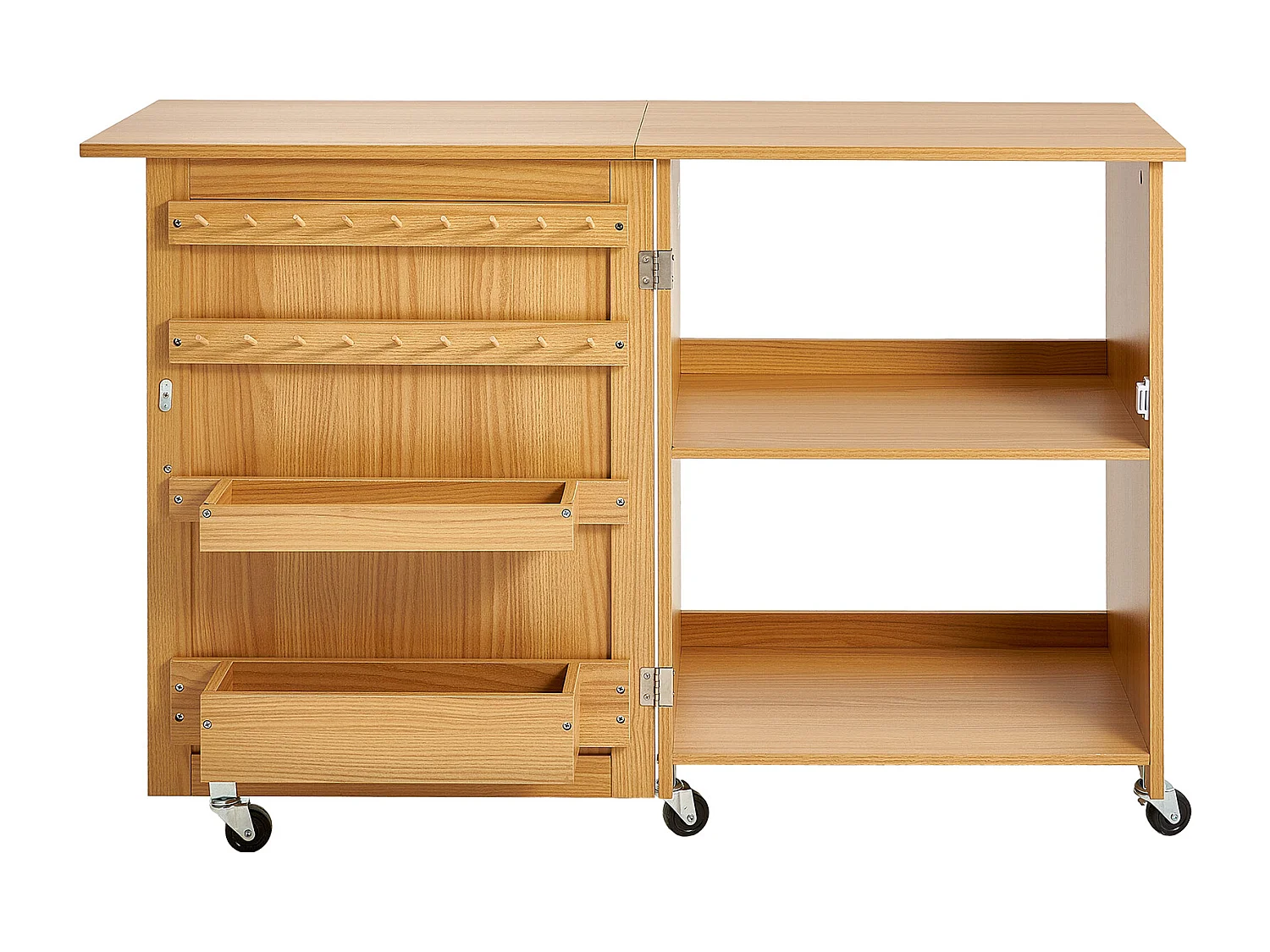 Table de Couture SucceBuy Pliante avec Roulettes Verrouillables Étagères Plateaux et Porte Couleur Bois, Armoire de Bureau de Couture pour Machine