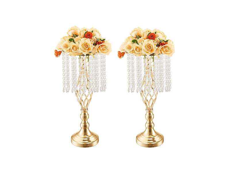 Florero SucceBuy - Juego de 12 Jarrones de Cristal de 49 cm, Dorados, con Diseño Floral, para Bodas y Ceremonias, Metal/Dorado