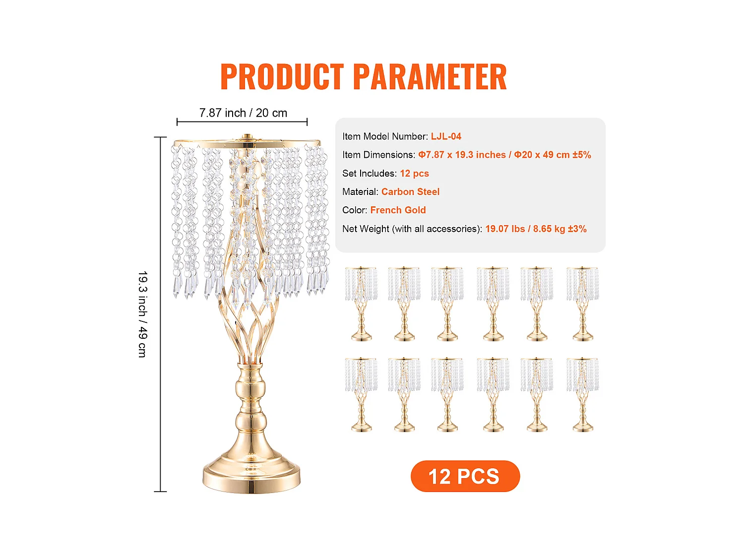 Vase SucceBuy Lot de 12 Vases en Cristal de 49 cm, Dorés, à Motifs Floraux, pour Mariage, Cérémonie, Métal/Doré
