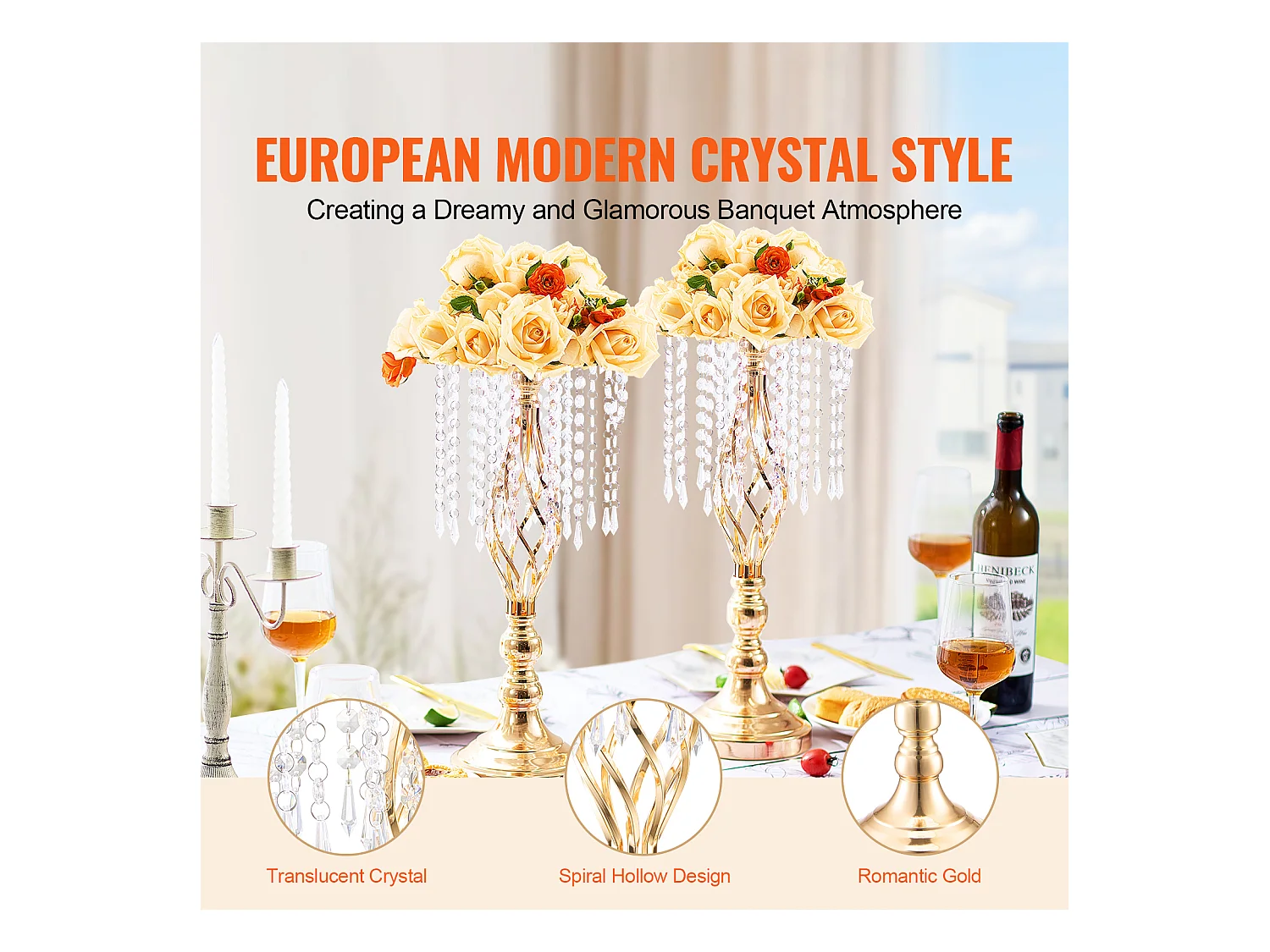 Vase SucceBuy Lot de 12 Vases en Cristal de 49 cm, Dorés, à Motifs Floraux, pour Mariage, Cérémonie, Métal/Doré