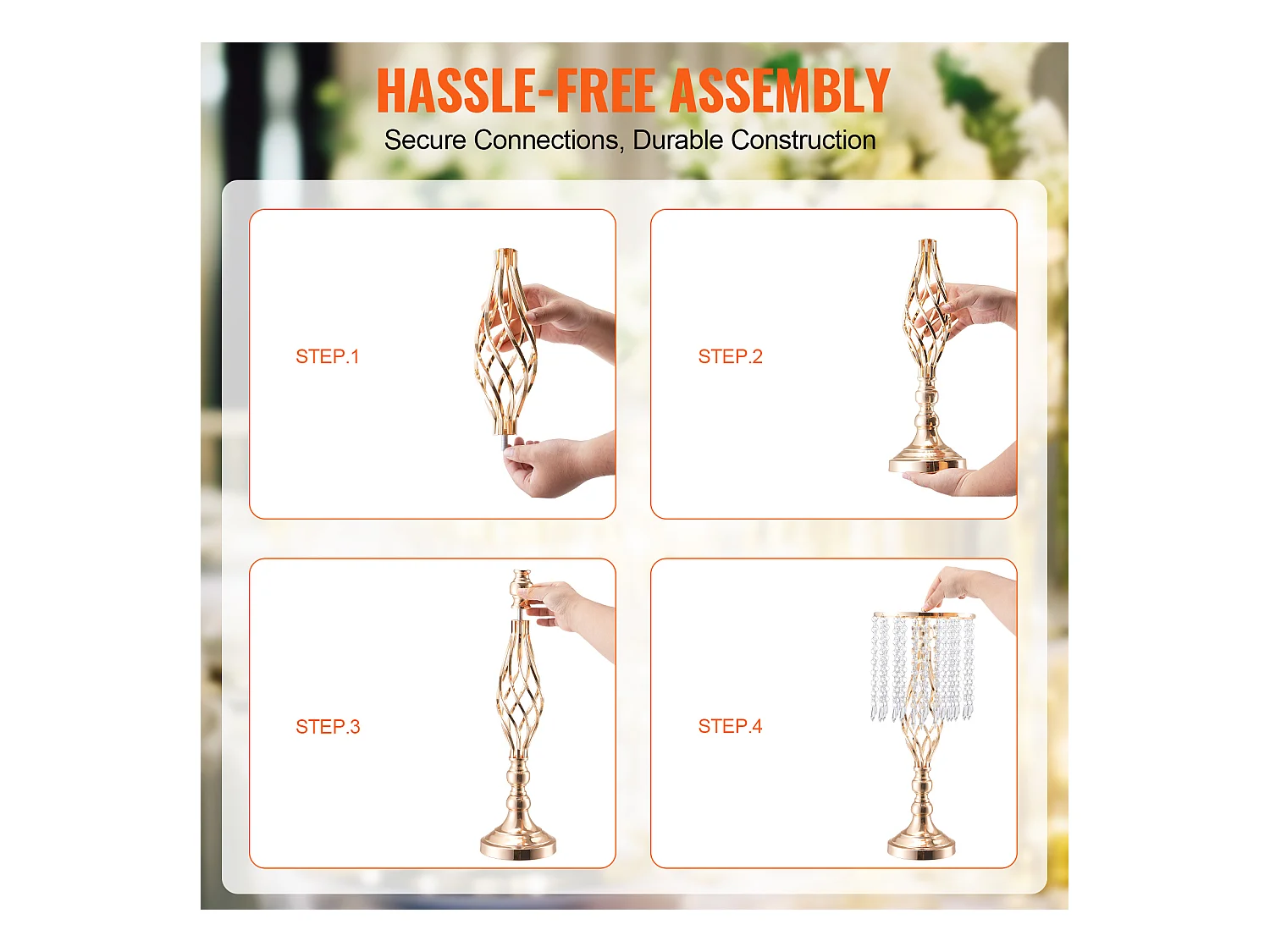 Vase SucceBuy Lot de 12 Vases en Cristal de 49 cm, Dorés, à Motifs Floraux, pour Mariage, Cérémonie, Métal/Doré