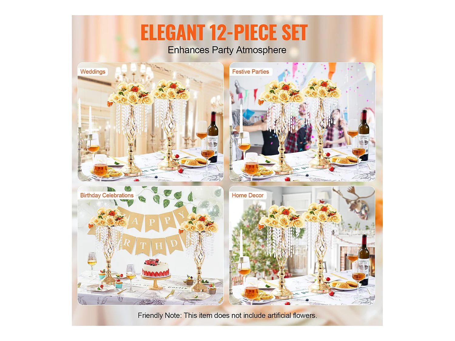 Vase SucceBuy Lot de 12 Vases en Cristal de 49 cm, Dorés, à Motifs Floraux, pour Mariage, Cérémonie, Métal/Doré