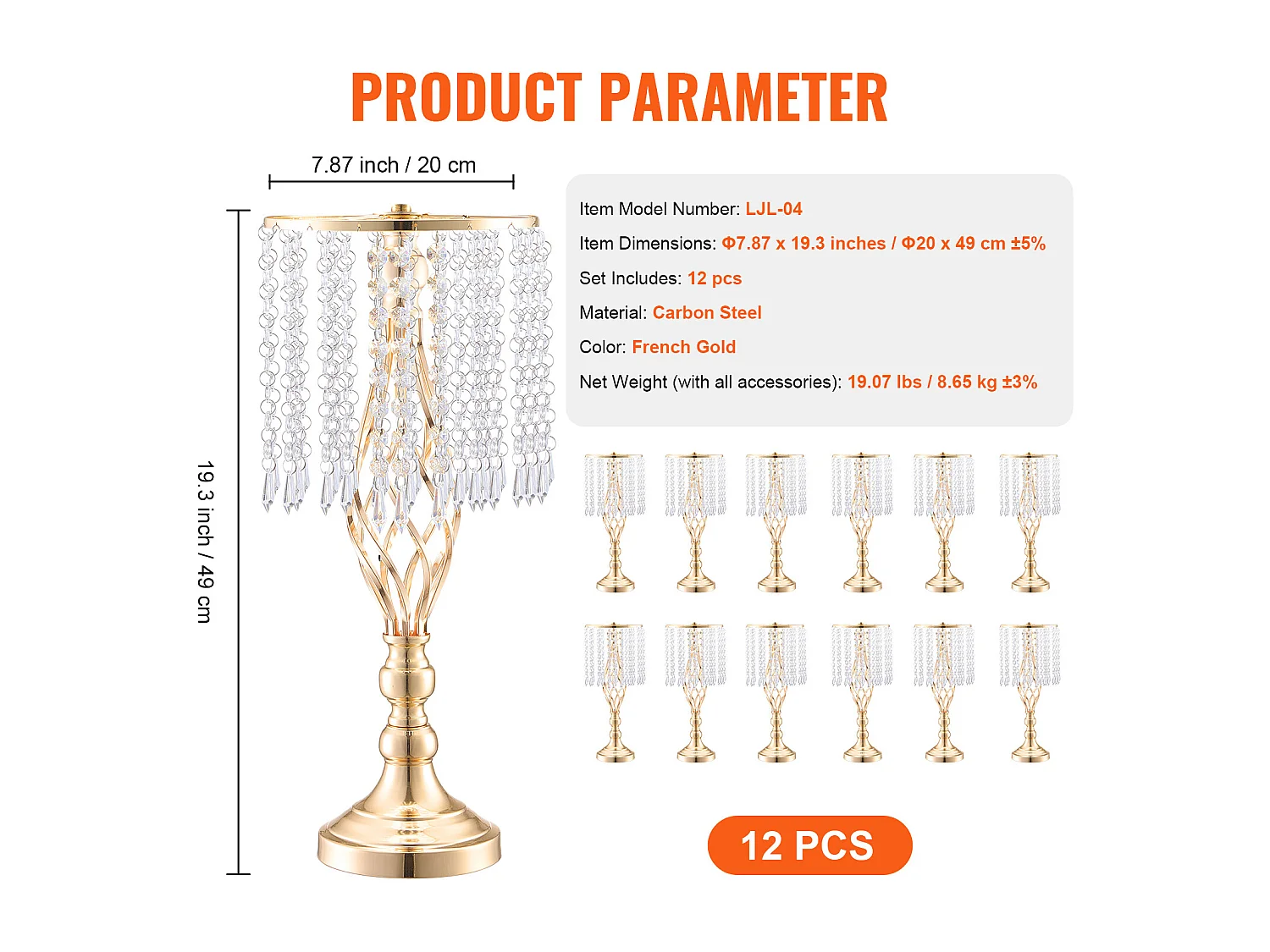 Vase SucceBuy Lot de 12 Vases en Cristal de 49 cm, Dorés, à Motifs Floraux, pour Mariage, Cérémonie, Métal/Doré