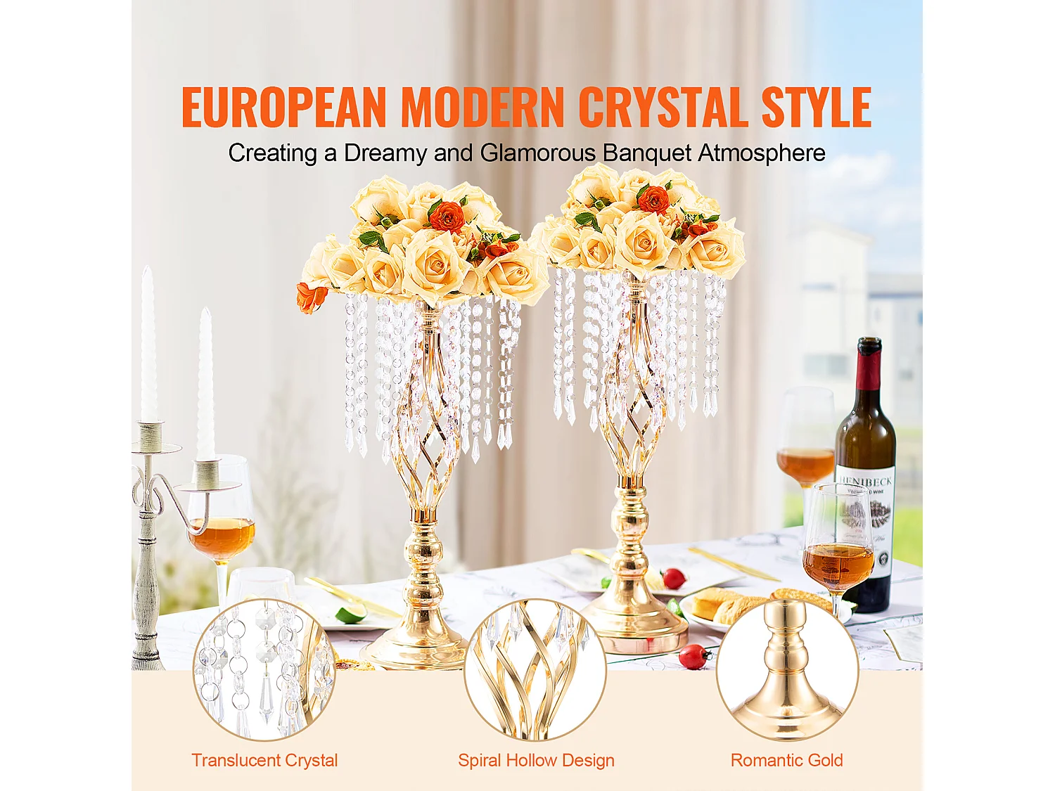 Vase SucceBuy Lot de 12 Vases en Cristal de 49 cm, Dorés, à Motifs Floraux, pour Mariage, Cérémonie, Métal/Doré