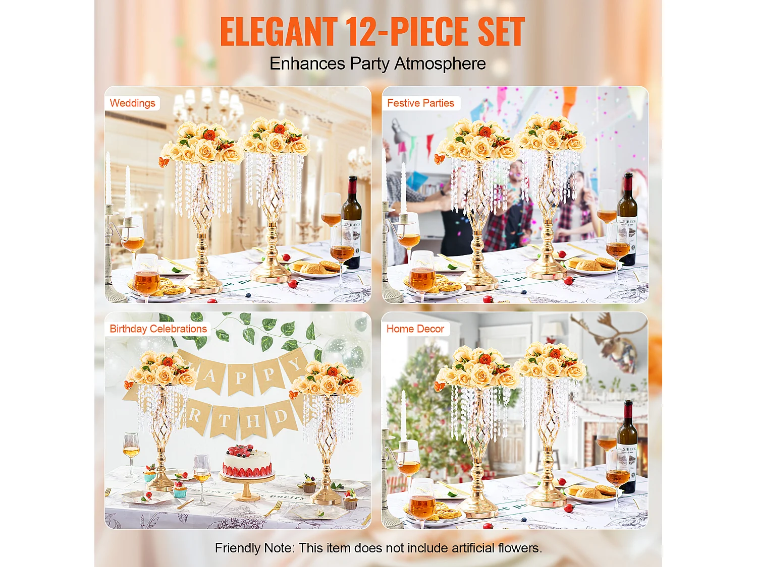 Vase SucceBuy Lot de 12 Vases en Cristal de 49 cm, Dorés, à Motifs Floraux, pour Mariage, Cérémonie, Métal/Doré