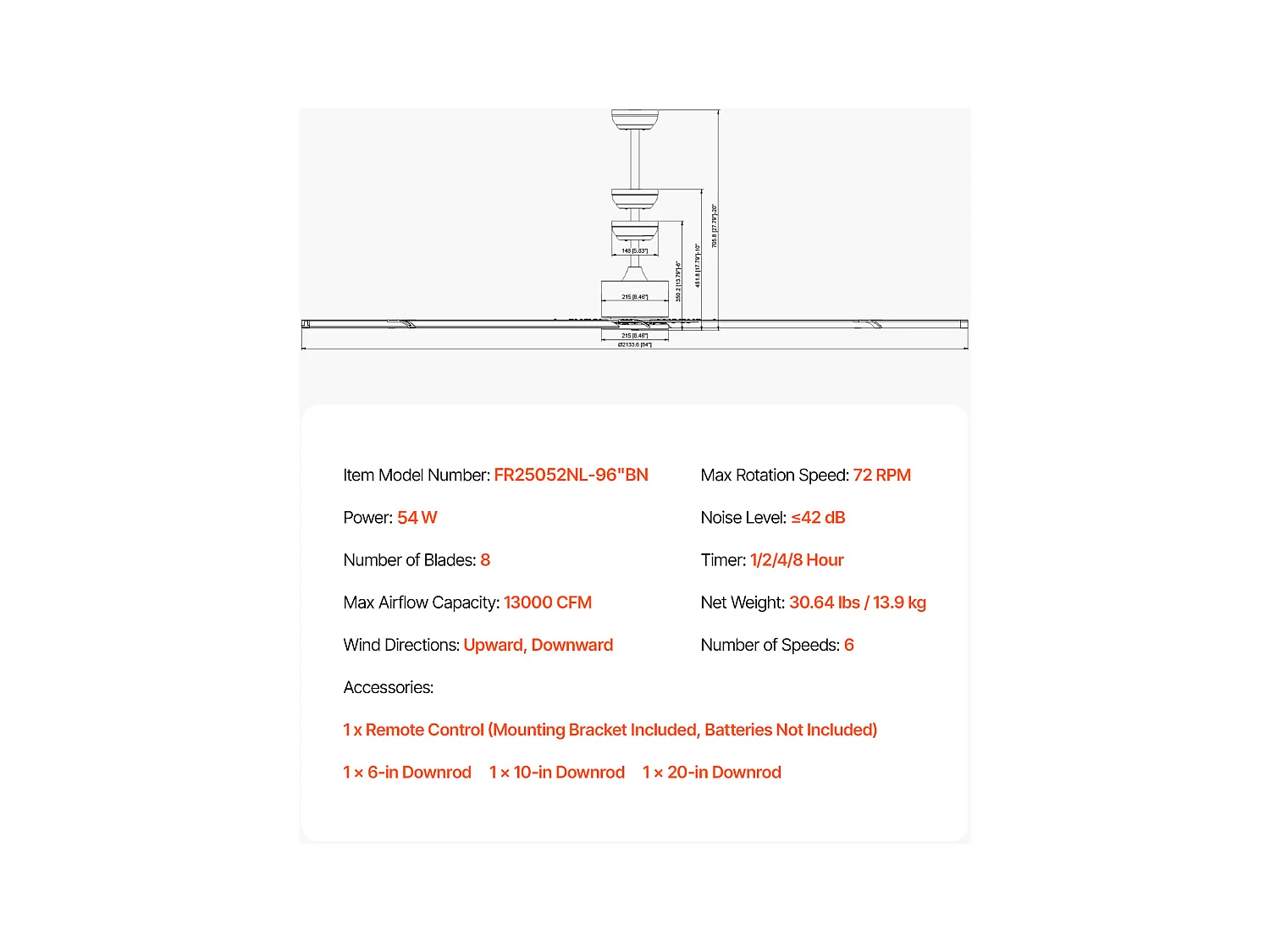 Ventilateur de Plafond SucceBuy 244 cm en Aluminium sans Lumière Télécommande Nickel Brossé